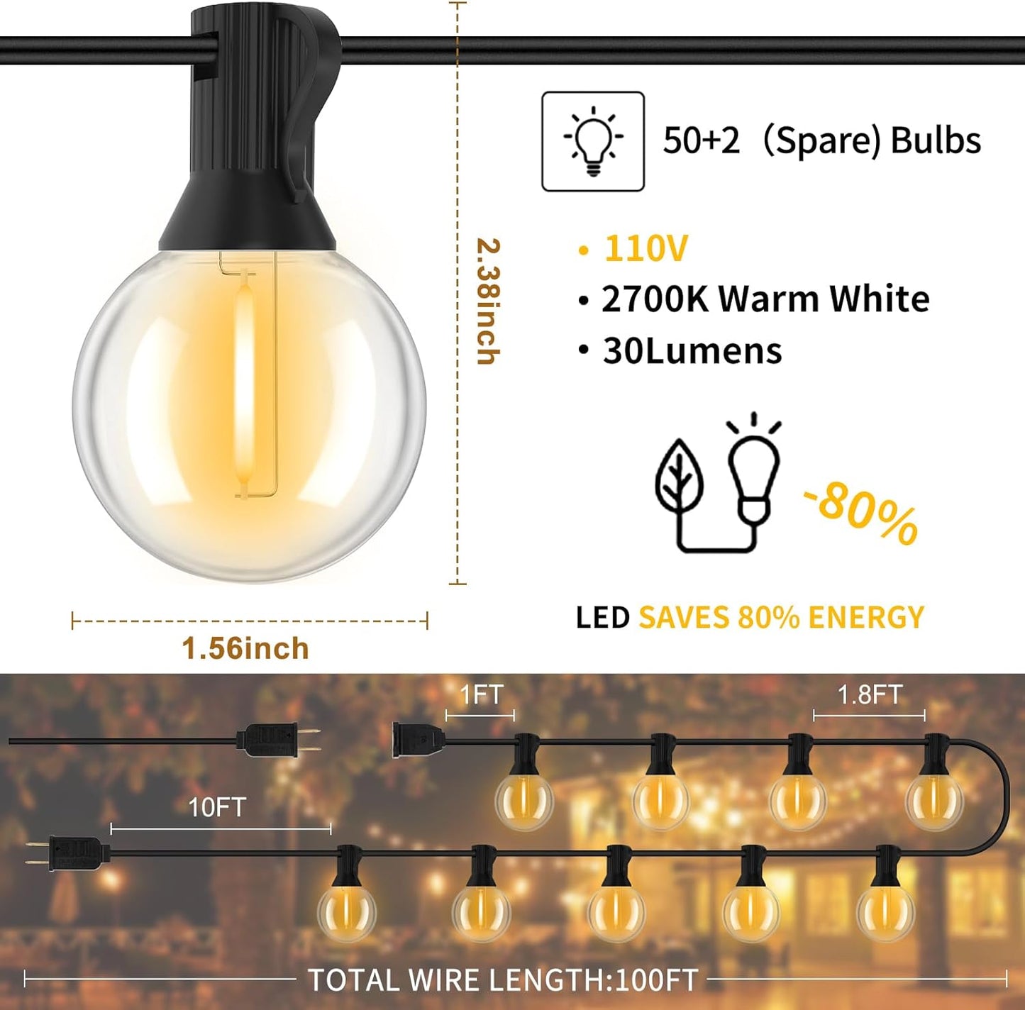 Outdoor String Lights 100FT, G40 LED Patio Lights with 52 Shatterproof Bulbs(2 Spare), All Weatherproof Hanging Lights for Outside Backyard Party Cafe Decor