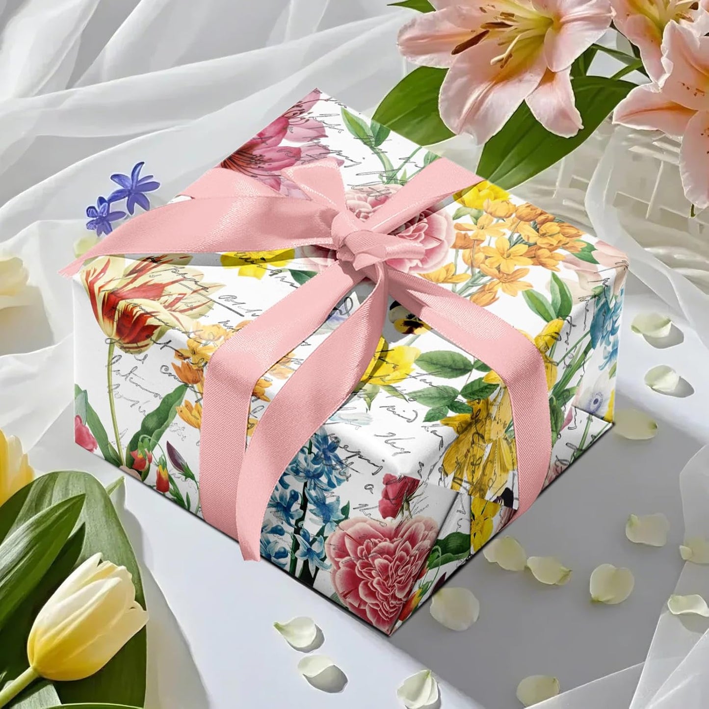 WRAPAHOLIC Floral Wrapping Paper Roll - Mini Roll - 17 Inch x 33 Feet - Garden Flower Wrapping Paper, Perfect for Girls Women Birthday, Wedding, Bridal Shower