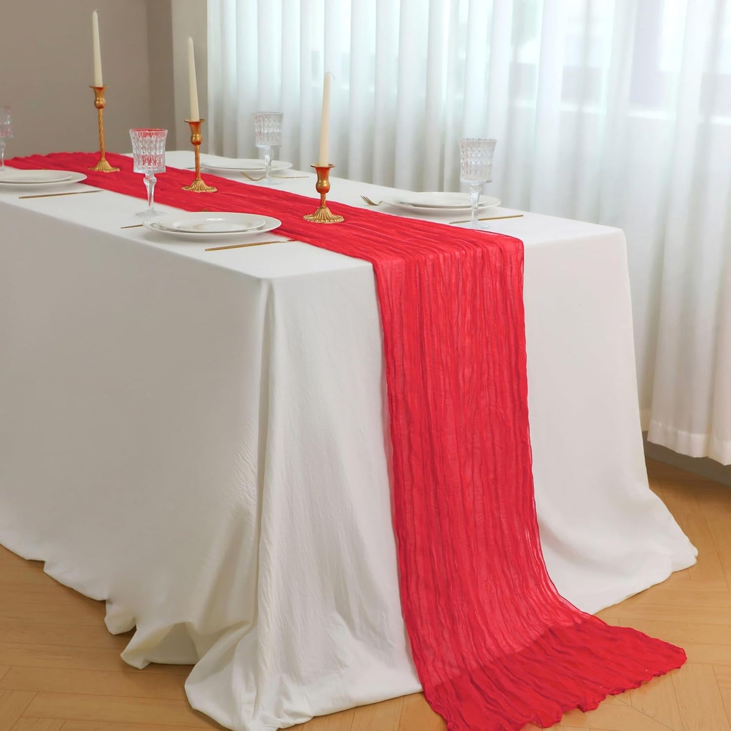 Snowkingdom 6 PCS Red Cheesecloth Table Runner 10 Ft, 120 inch Long Cheese Cloth Gauze Runners for Christmas Valentine Wedding Bridal Baby Shower Birthday Holiday Party Table Decorations