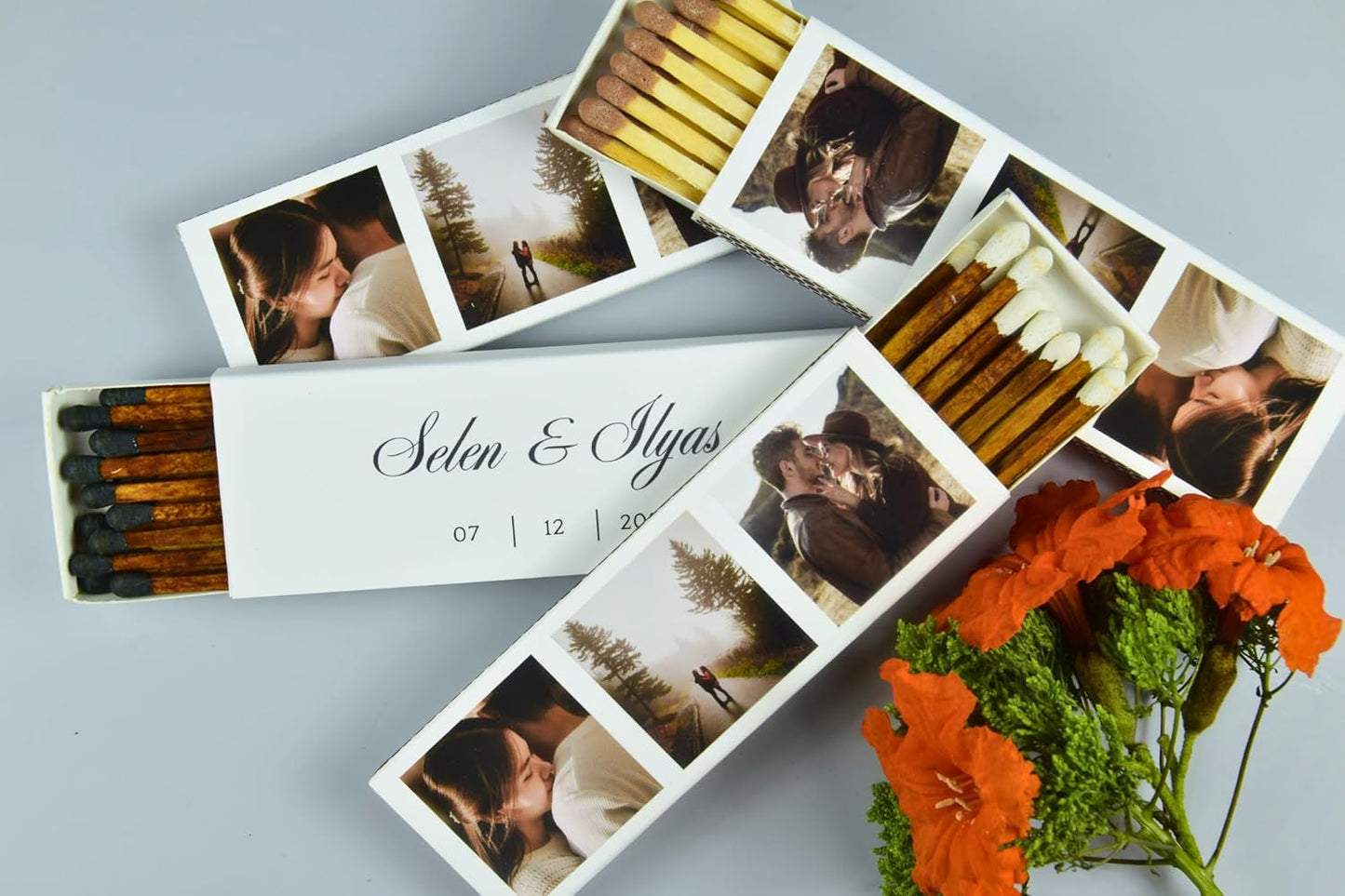 10 Boxes - Customized Matchboxes Colorful Tips (Wedding Design #5, 4" Matchboxes) (4" Matchsticks, Wedding Design #3)