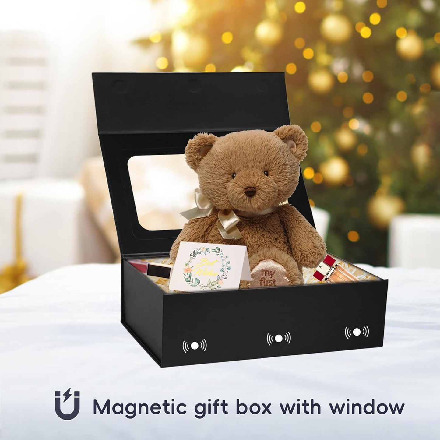 TIACABO Black Large Gift Box with Window, 13.5"x9"x4.3" Bridesmaid Boxe for Gifts Giving,Birthday Gift Boxes with Magnetic,Closure Lid Gifts Box for Presents,Cute Boxe,Luxury for Gift Packaging