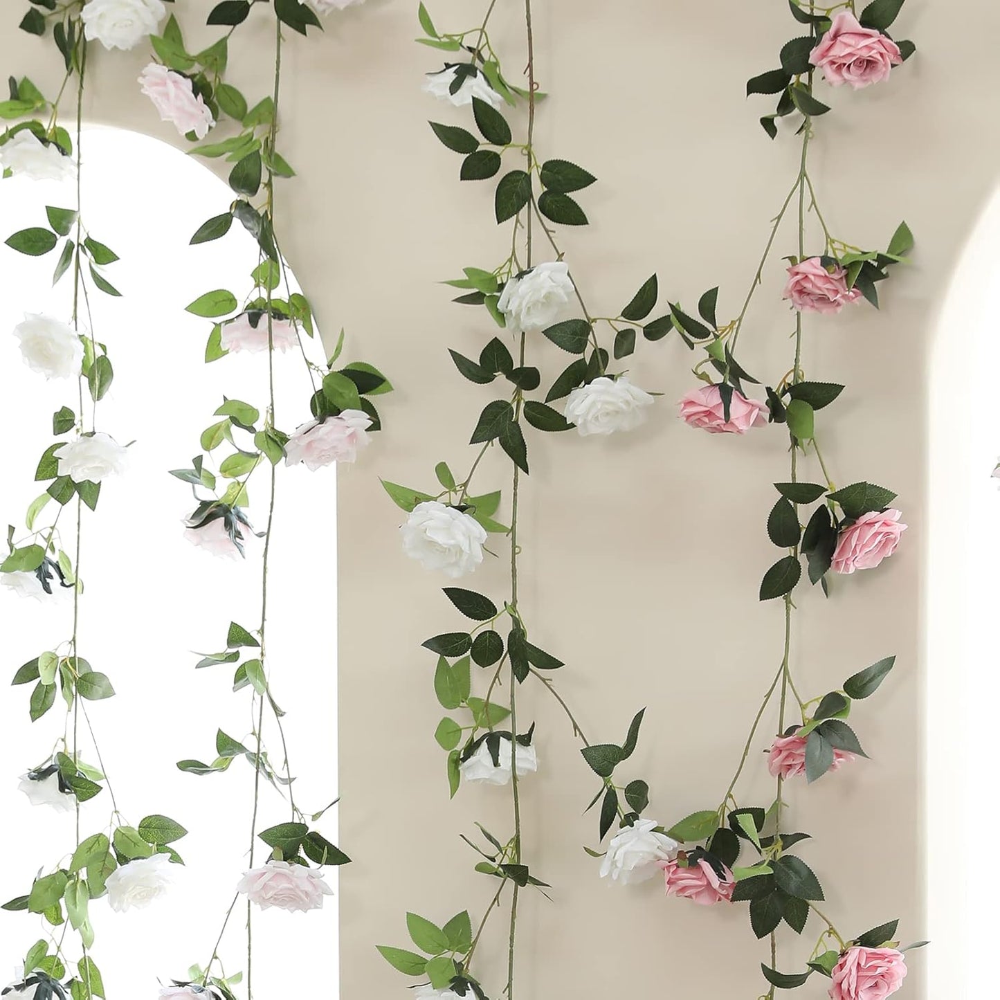 2 Strands 73'' Artificial Silk Rose Flower Vines Garland, Fake Pink Roses Floral Green Leaves Hanging Plant for Wedding Arrangement Decoration, Wall, Party, Bedroom, Home Decor (Pink)