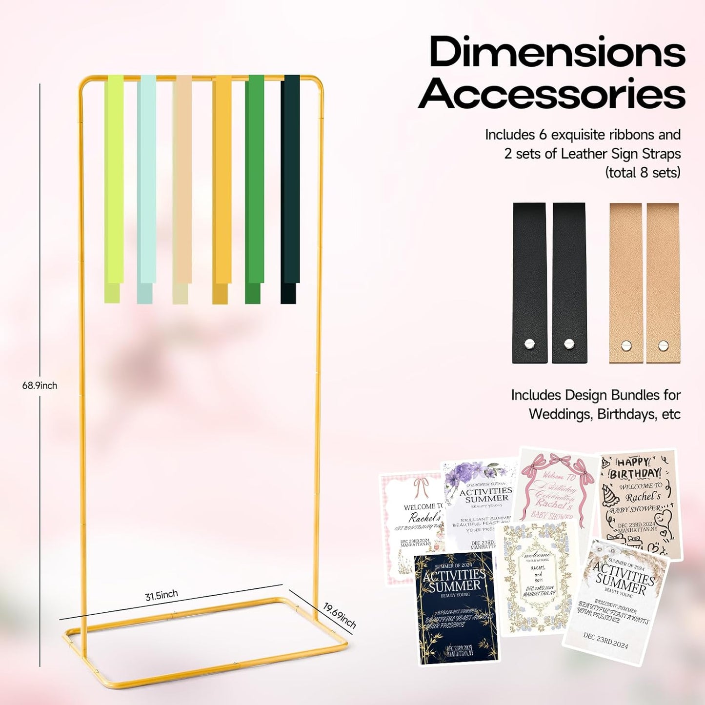 Wedding Sign Stand - Adjustable Wedding Sign W/Design Bundle & Leather Sign Hanging Straps, Durable Metal Easel Stand for Wedding Welcome Signs, Seating Charts, Ceremony & Reception Decor (Gold)