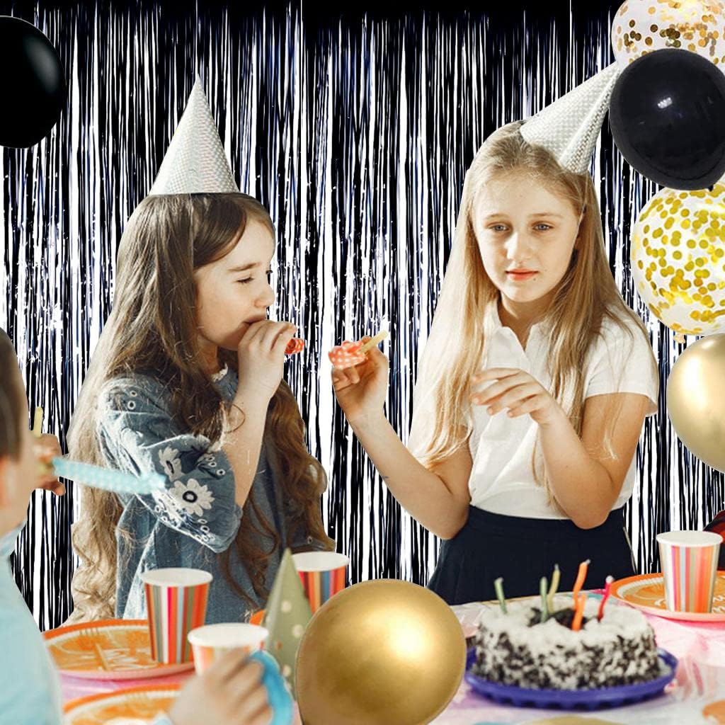 BEISHIDA 4 Pcs Black Door Streamers Tinsel Curtain Party Streamers Backdrop Fringe Foil Wall Background for Birthday Halloween Christmas Wedding Party Decoration(3.28 ft x 6.56 ft)