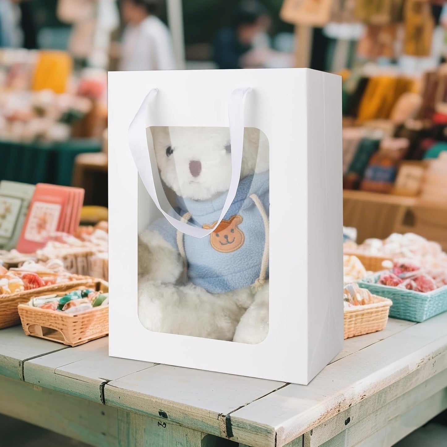 MOXARYSU 6 Pcs White Gift Bags with Clear Window: 9.8x5.1x7.1 Inch Medium Kraft Paper Bags with Handle For Party Business Birthday Wedding (White,6p)