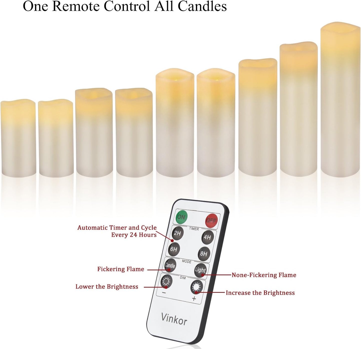 Vinkor Flameless Candles Battery Operated Candles Real Wax Pillar LED Candles with 10-Key Remote and Cycling 24 Hours Timer (Ivory 4" 5" 6" 7" 8" 9")