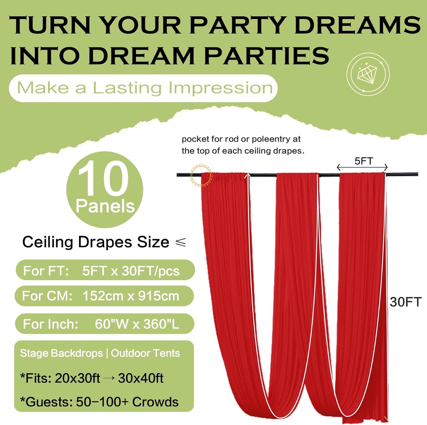 PartyVillage 10 Panels 5ftx30ft Red Ceiling Drapes for Wedding Parties â 30 FT Extra Long Thick Polyester Wrinkle-Free Drapery Tent Decor Decorations for Birthday Party Ceremony Stage Swag