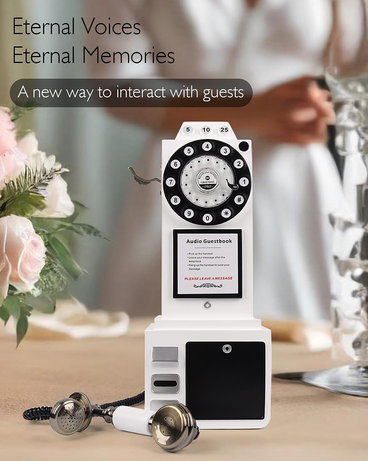 Audio Guest Book Wedding Phone with Vintage Design, Record Customized Audio Message Guest Book for Wedding, Party and Gathering, White