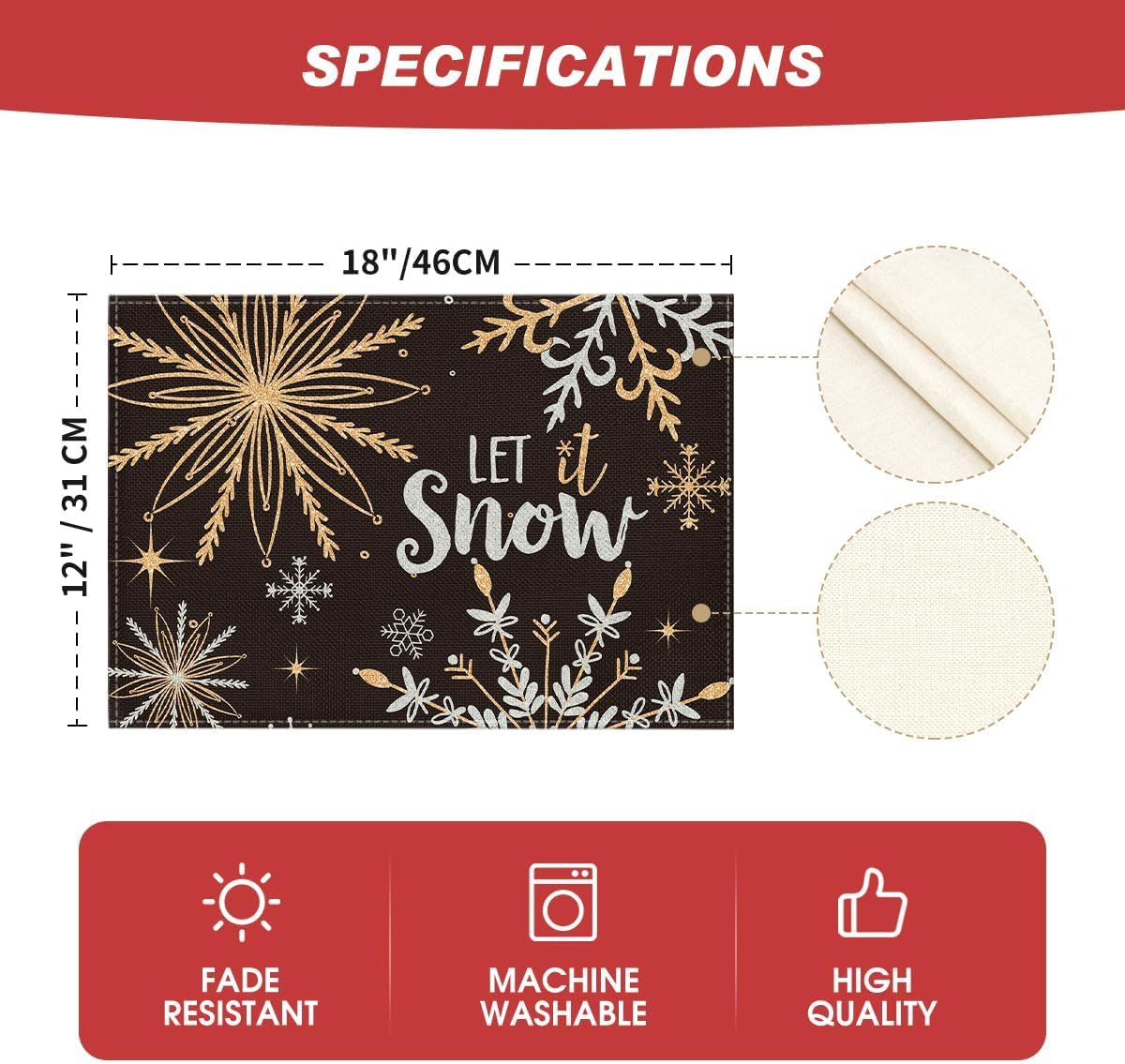 Artoid Mode Black Snowflake Let It Snow Winter Placemats Set of 4, 12x18 Inch Seasonal Christmas Table Mats for Party Kitchen Dining Decoration