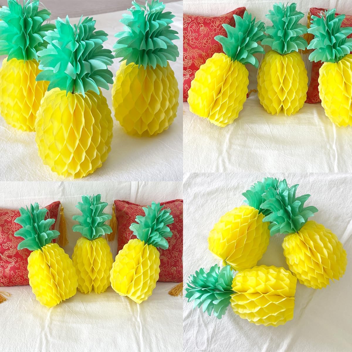 10inch Paper Pineapple Honeycomb Decorations 8pcs Tissue Party Pineapple Centerpieces Hanging Pineapple for Table Decor for Summer Tropical Hawaiian Beach Decor