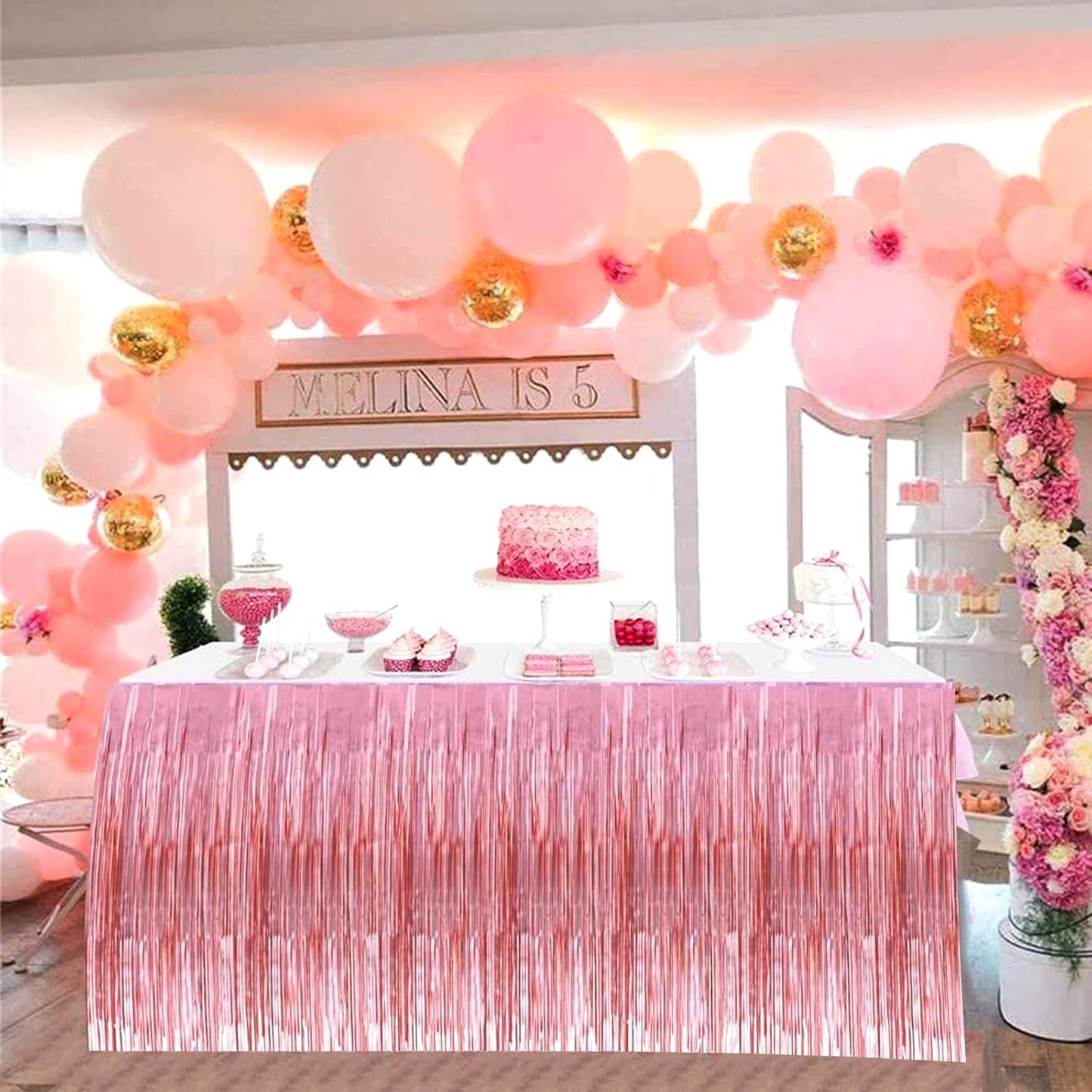 4 Pack 29x108 Inch Metallic Foil Fringe Tinsel Table Skirts for Rectangle Tables Streamer Backdrop for Wedding, Birthday, Parade Floats, Christmas, Halloween Party Decoration(New Rose Gold)