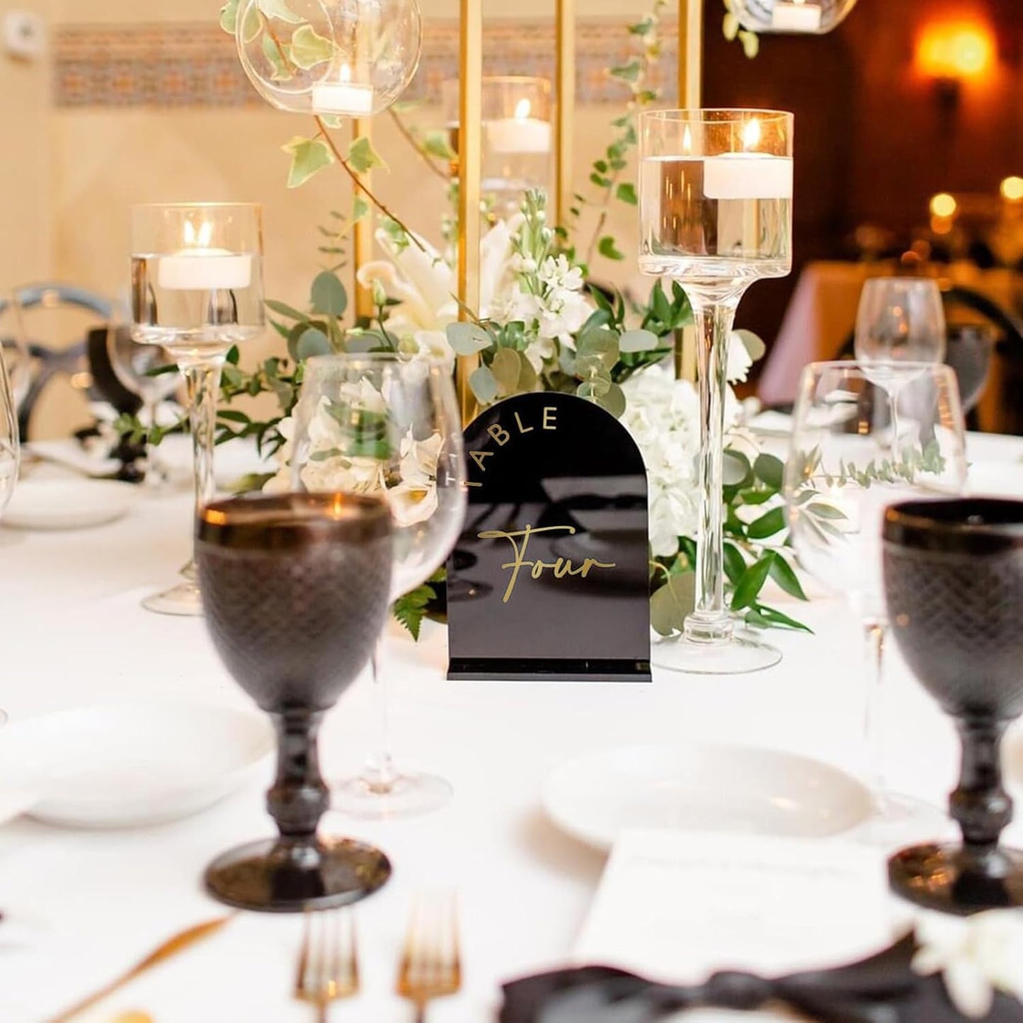 Black Arch Wedding Table Numbers 1-15 with Stands, 5x7 Inch Black Acrylic Sign with Gold Letters, Arched Acrylic Table Numbers for Wedding Reception