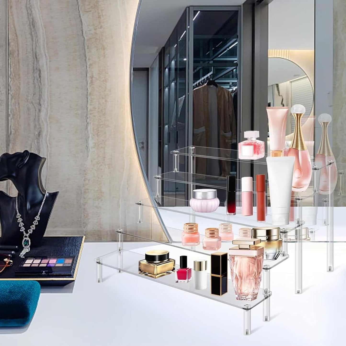 Acrylic 5-Tier Display Stand, Clear Perfume Organizer, Cupcake Stand Holder, Large Shelf Risers for Figures, Party Desserts, Home Decor