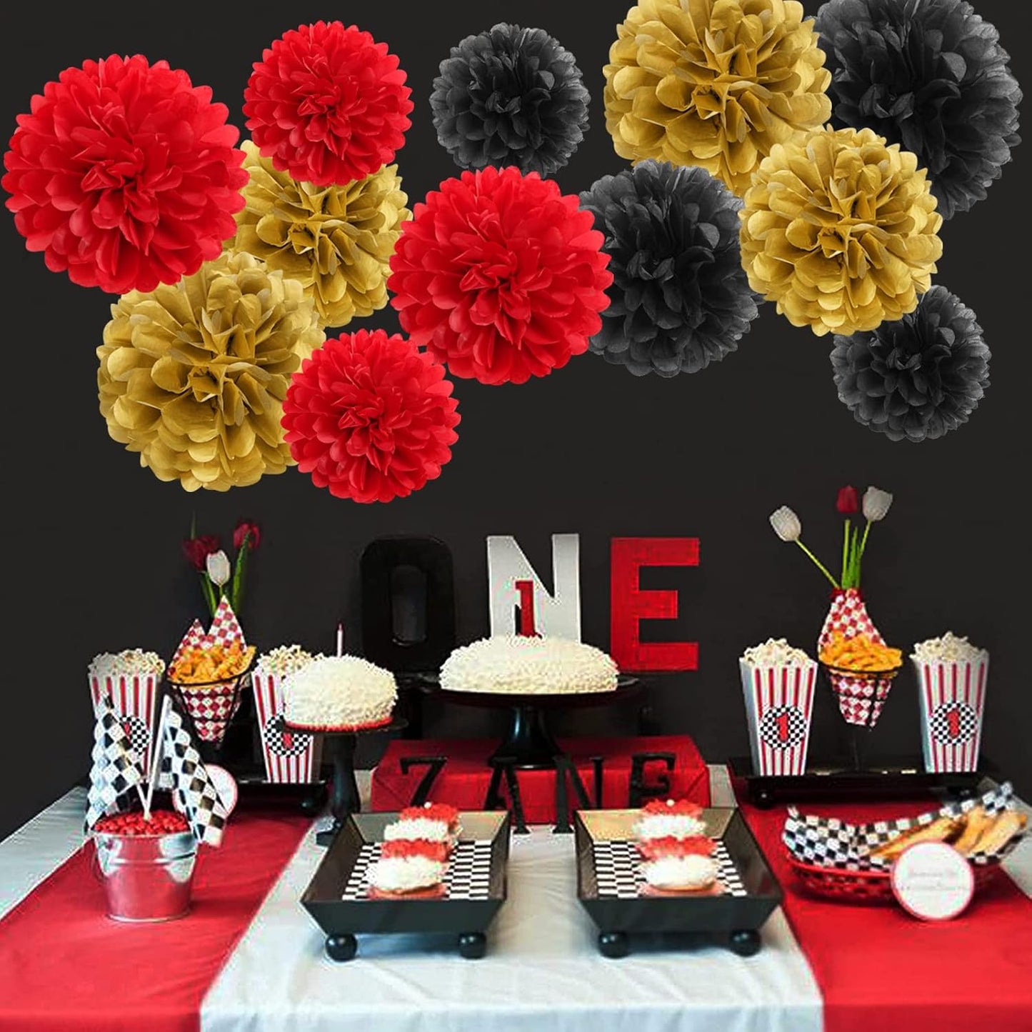 Red-Black Gold Party-Decorations Tissue Pom-Poms - 12pcs Game Night Casino-Theme Graduation Paper Flowers Garland,Birthday Wedding Baby Bridal Shower Decor Panduola
