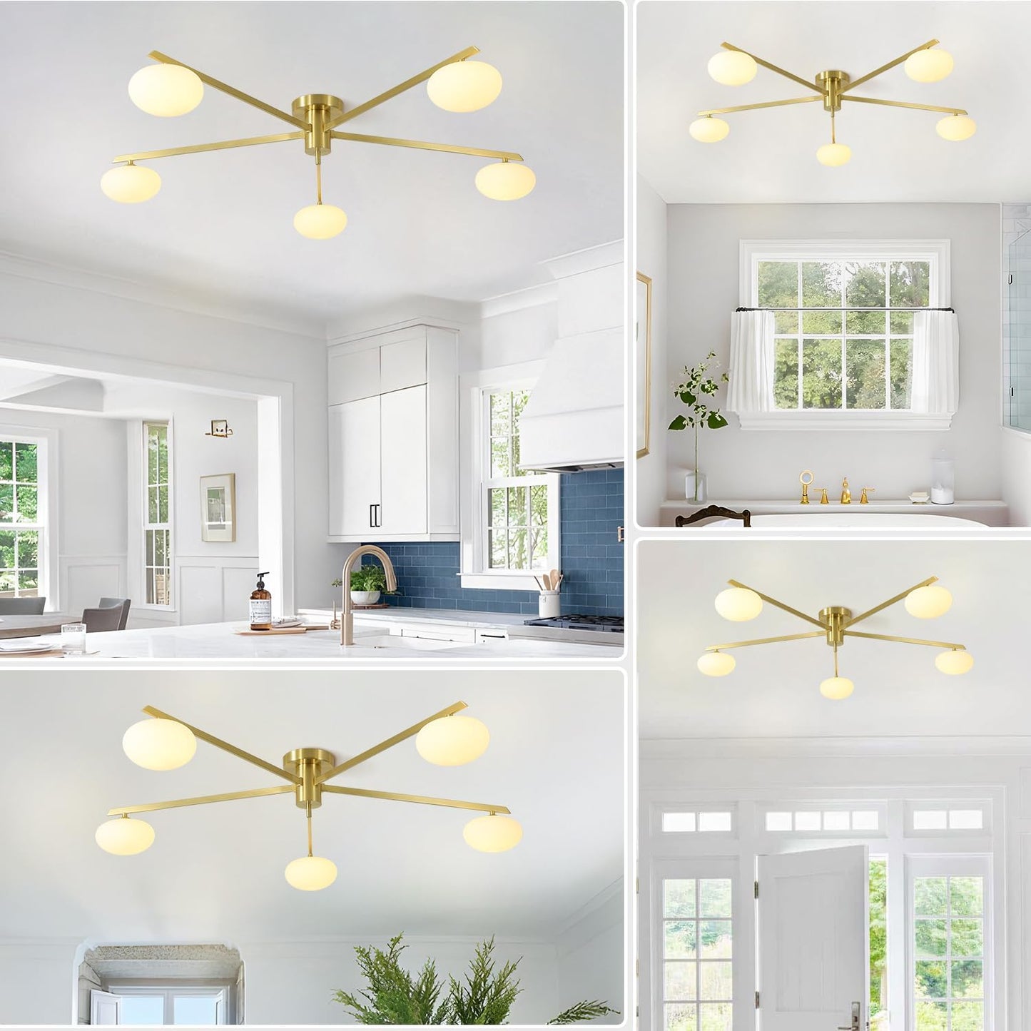 5 Lights Industrial Semi Flush Mount Ceiling Light Fixture Gold Modern Sputnik Chandelier Ceiling Light Fixtures Globe Sputnik Ceiling Lamp Glass Close to Ceiling Light Fixtures MCL05-GD