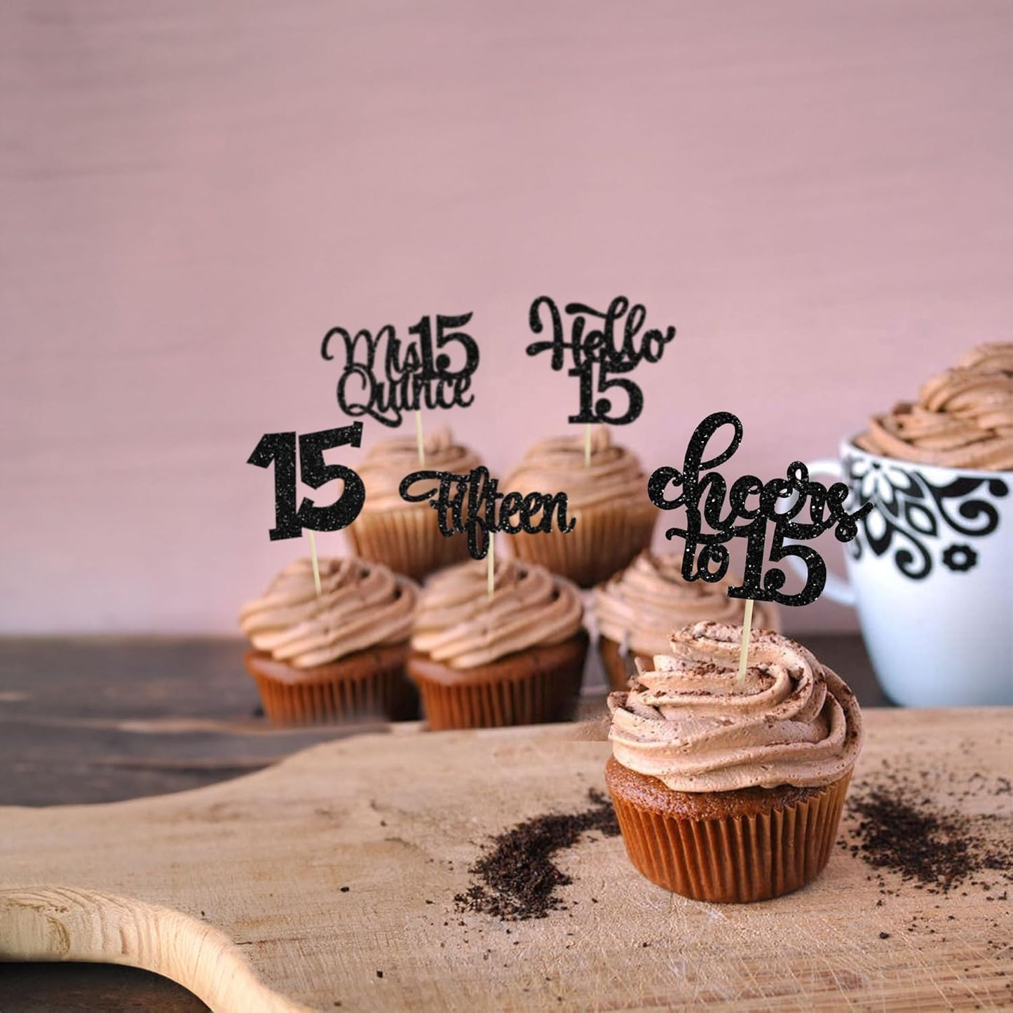30Pcs 15th Birthday Cupcake Toppers Fifteen Cupcake Picks Cheers to 15 Years Old Mis Quince 15 Cake Decorations for 15th Birthday Anniversary Party Black Glitter