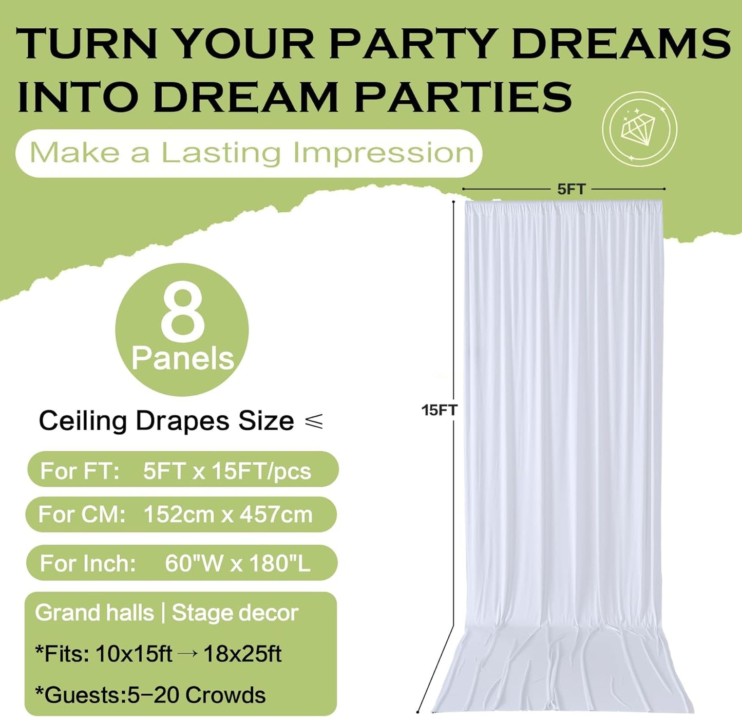 PartyVillage 40ft×15ft White Backdrop Curtain for Wedding Parties, 8 Panels Wrinkle Free 15 FT Long Polyester Photo Backdrop Drapes Back Drop Cloth for Birthday Photography Background