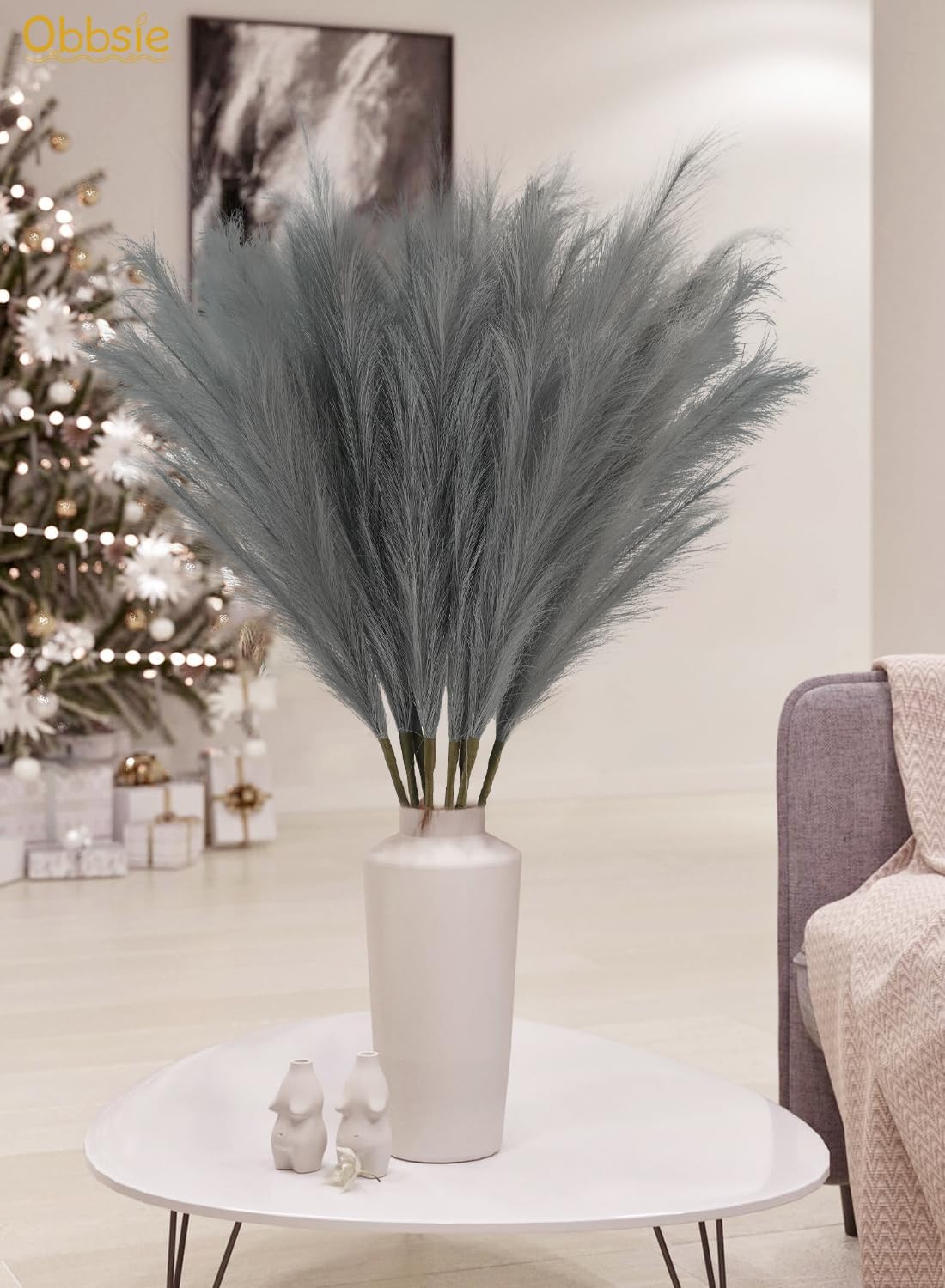 35" Faux Pampas Grass Decor Grey, 8pcs Large Tall Fluffy Artificial Pompous Grass Branches Floral Fake Pompas Grass Bulrush Floor Vase Filler Flower Arrangement for Home Wedding Boho Decor