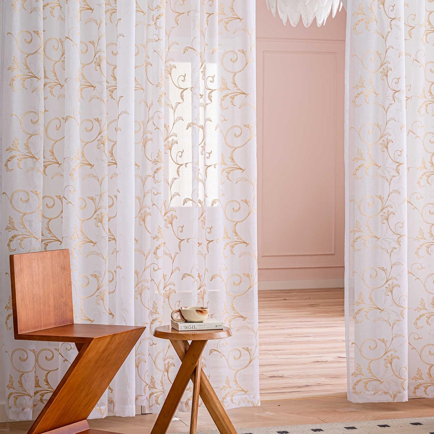 MYSTIC-HOME Sheer Curtains White 63 Inches, Boho Curtains for Bedroom Rod Pocket Farmhouse Drapes with Floral Patterned for Living Room, Embroidery Panels Vintage Country Curtains Set of 2, 52"x 63".