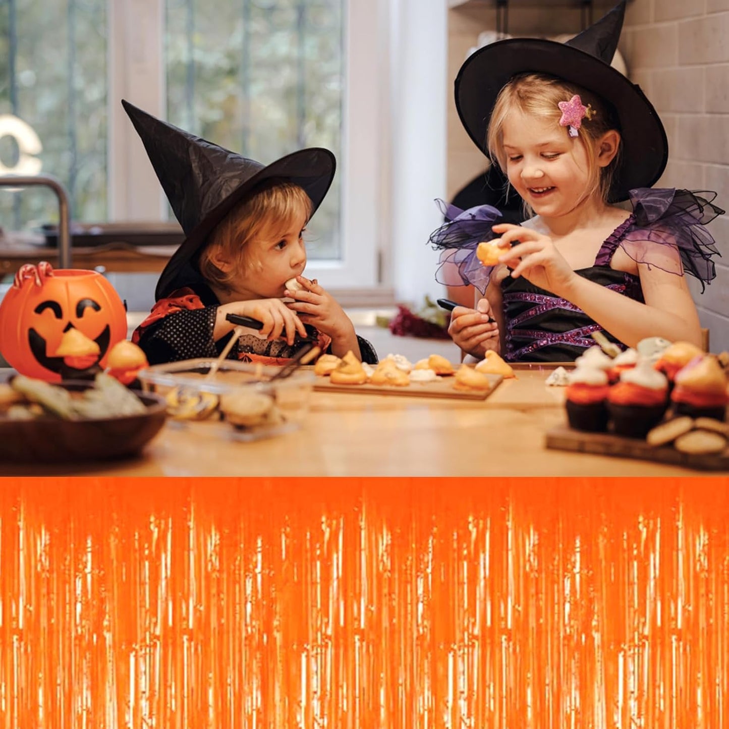 3 Pack 29 x108 Inch Macaron Orange Foil Fringe Table Skirts Metallic Banner for Tinsel Streamer Garland Backdrop for Parade Floats Wedding Thanksgiving Birthday Christmas New Year Party Decoration