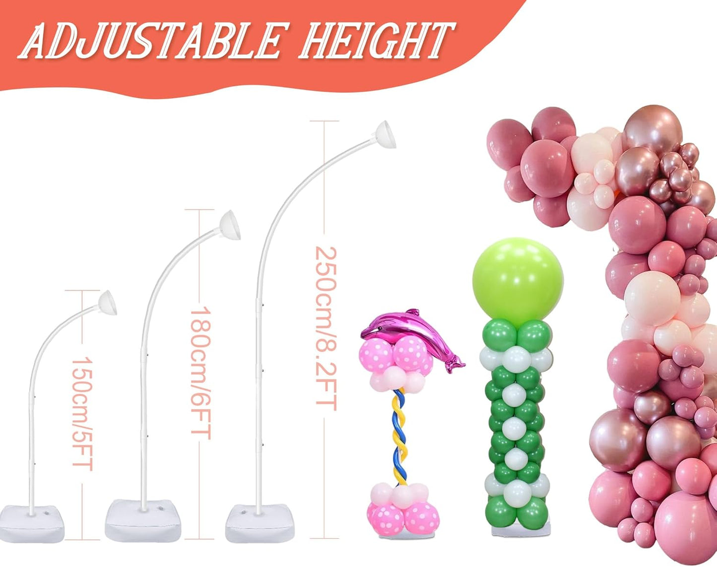 8FT & 6FT Balloon Arch Stand, Flexible Top Balloon Arch Kit, Half Arch Balloon Stand with Base for Floor, Balloon Column Kit for Wedding Birthday Baby Shower Graduation Party Decorations