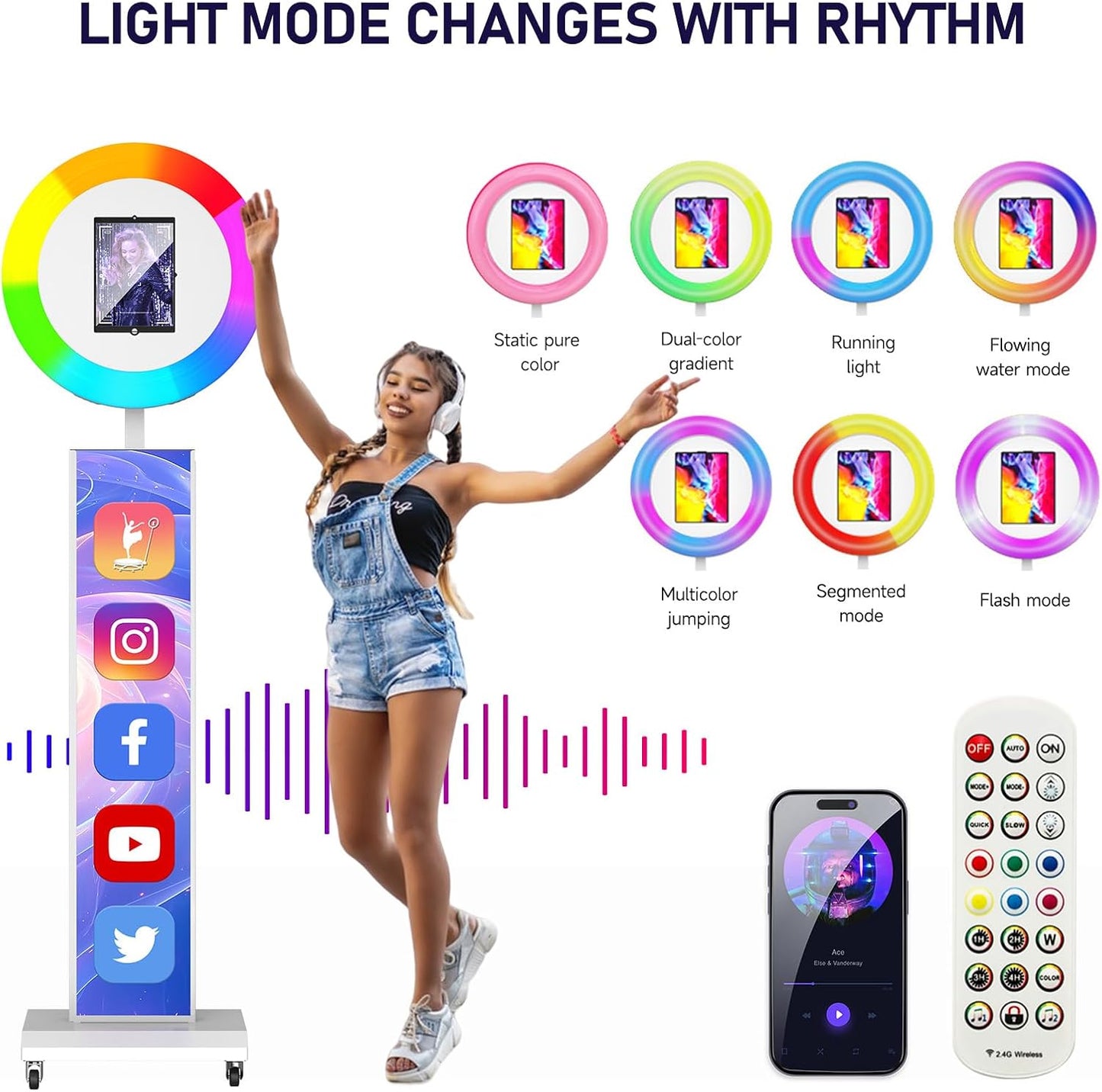 MWE Portable Photo Booth Machine Stand Compatible with Any Ipad with Software APP and Remote Control, RGB Ring Lights Music Sync, Free Custom Logo,ChackTok VIP (White, Light Box-Honeycomb Case)