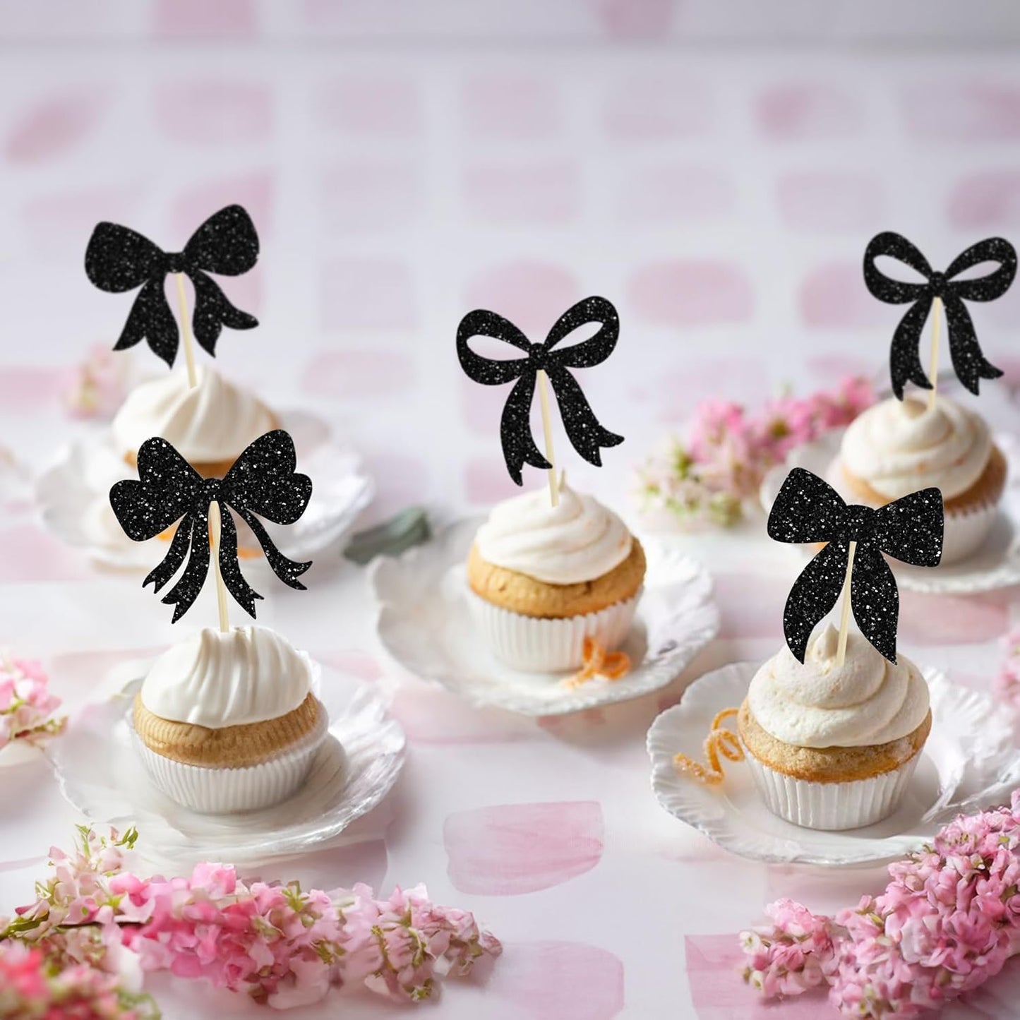 Gyufise 36Pcs Bow Cupcake Toppers Glitter Girls Birthday Decorations Bowknot Cupcake Picks Bow Tie Birthday Decorations Bow Cake Toppers for Bridal Baby Shower Bachelorette Party Supplies Black