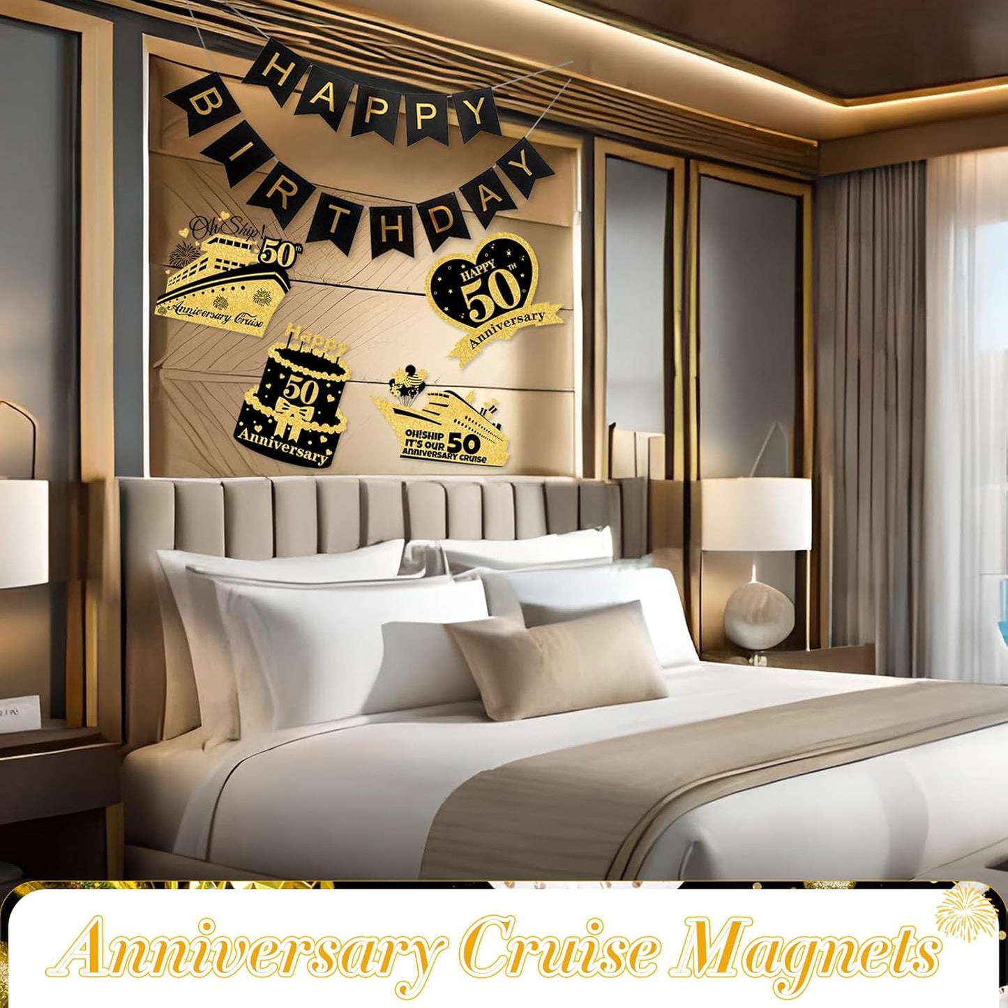 4 PCS Large 50th Anniversary Cruise Door Magnets Decorations Happy 50th Anniversary Cruise Ship Door Decor Magnetic Wedding Magnets Garage Refrigerator Car Magnets for Cabin Stateroom (Black Gold)