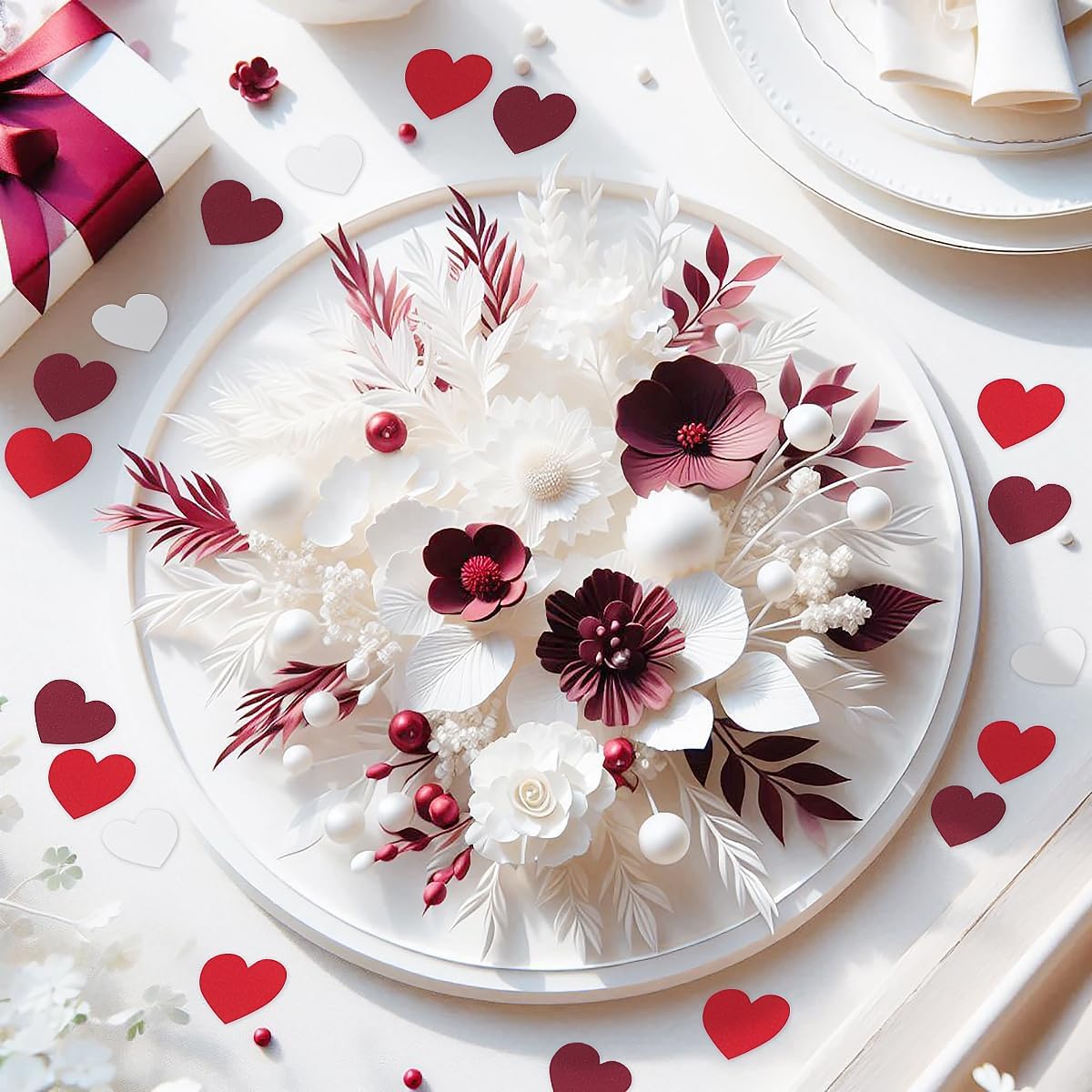 White Red Burgundy Party Decorations - 300Pcs Paper Heart Confetti Engagement Mother's Day Wedding Anniversary Romantic Bridal Shower Birthday Party Valentine Galentines Day Table Decor HongTongTong