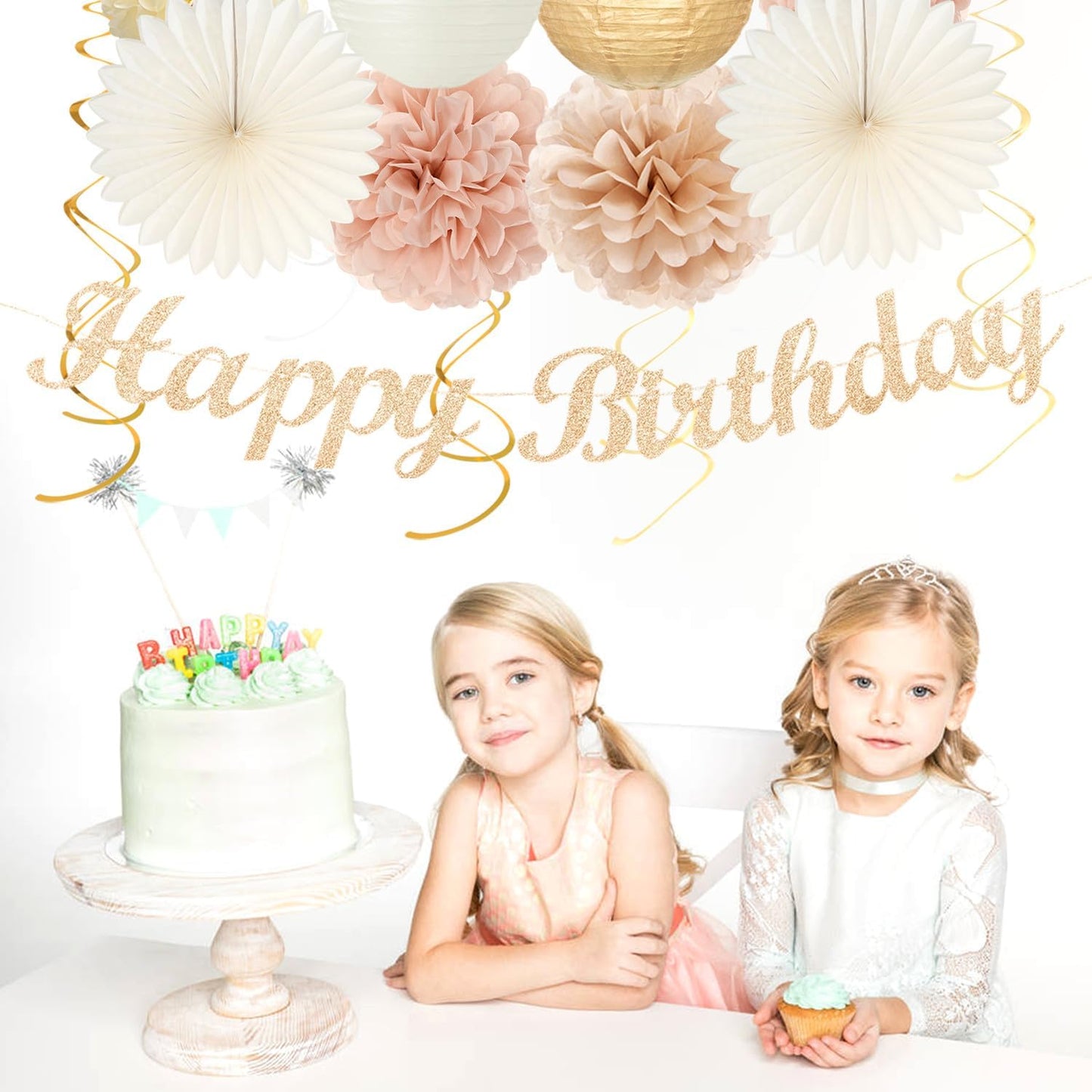 Champagne-Gold Beige 16 Happy Birthday Party-Decorations - 22pcs 21st Women Girls Paper Lanterns Streamers Banner Pom Poms,Fall Boho Aesthetic Bohemian Rose Groovy Decor Backdrop Supplies Hugmoon