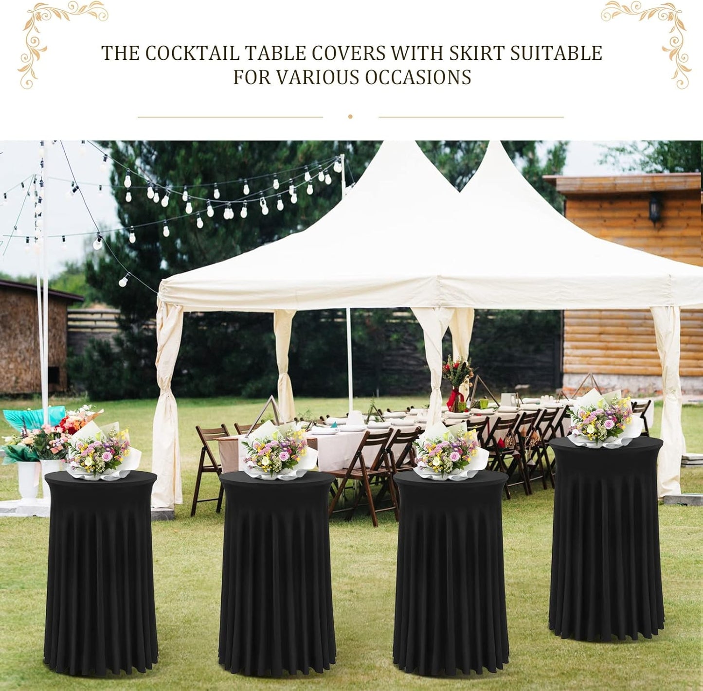 Cocktail Table Covers - 2 Pack 32"x 43" Black Cocktail Table Tablecloth with Natural Wavy Round Skirt for Bar Wedding Party Banquet
