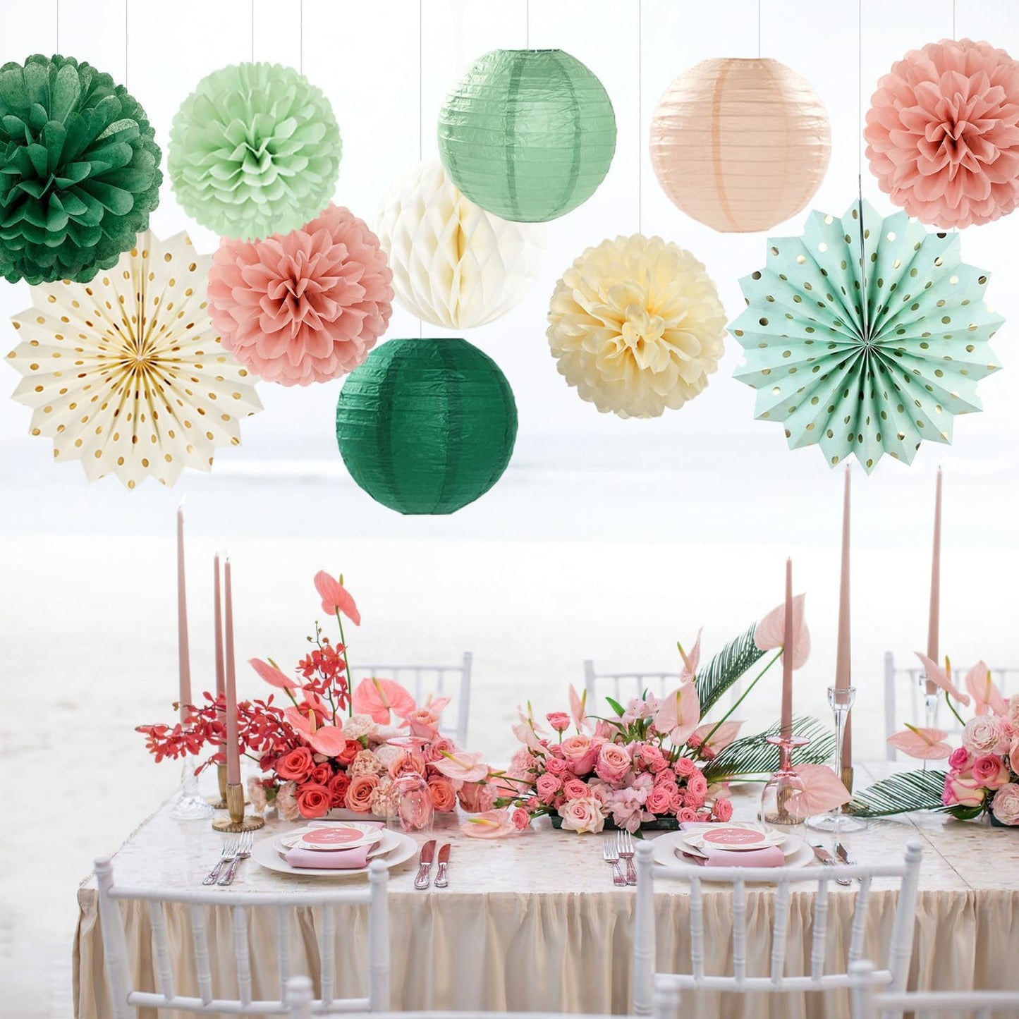 Sage-Green Pink Party-Decorations Paper-Flowers Lanterns - 20PCS Boho Rustic Tissue Pom Poms Streamers Fans Honeycomb, Birthday Baby Shower Neutral Garden Wedding Hanging Supplies Decor Burgleda