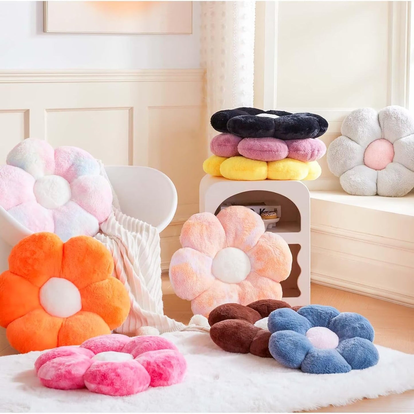 Royal Blue Flower Pillow, Cute Decorative Flower Shaped Throw Pillow with Faux Rabbit Fur, 14.9" Soft Flower Plush Throw Pillow Floor Pillows Room Décor for Bedroom Living Room