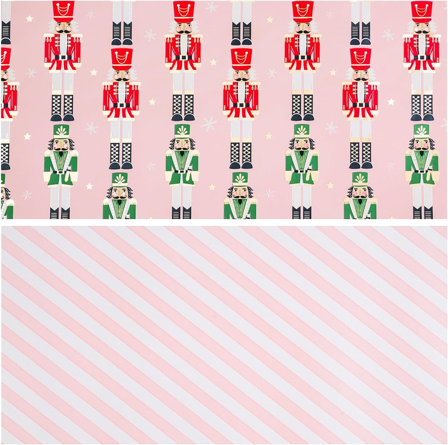LeZakaa Christmas Pink Wrapping Paper Jumbo Roll for Kids, Pink Metallic Foil Gift Wrap Paper with Red & Green Nutcracker Soldier & Stripe Reversible Design, 30 inches x 32.8 Feet