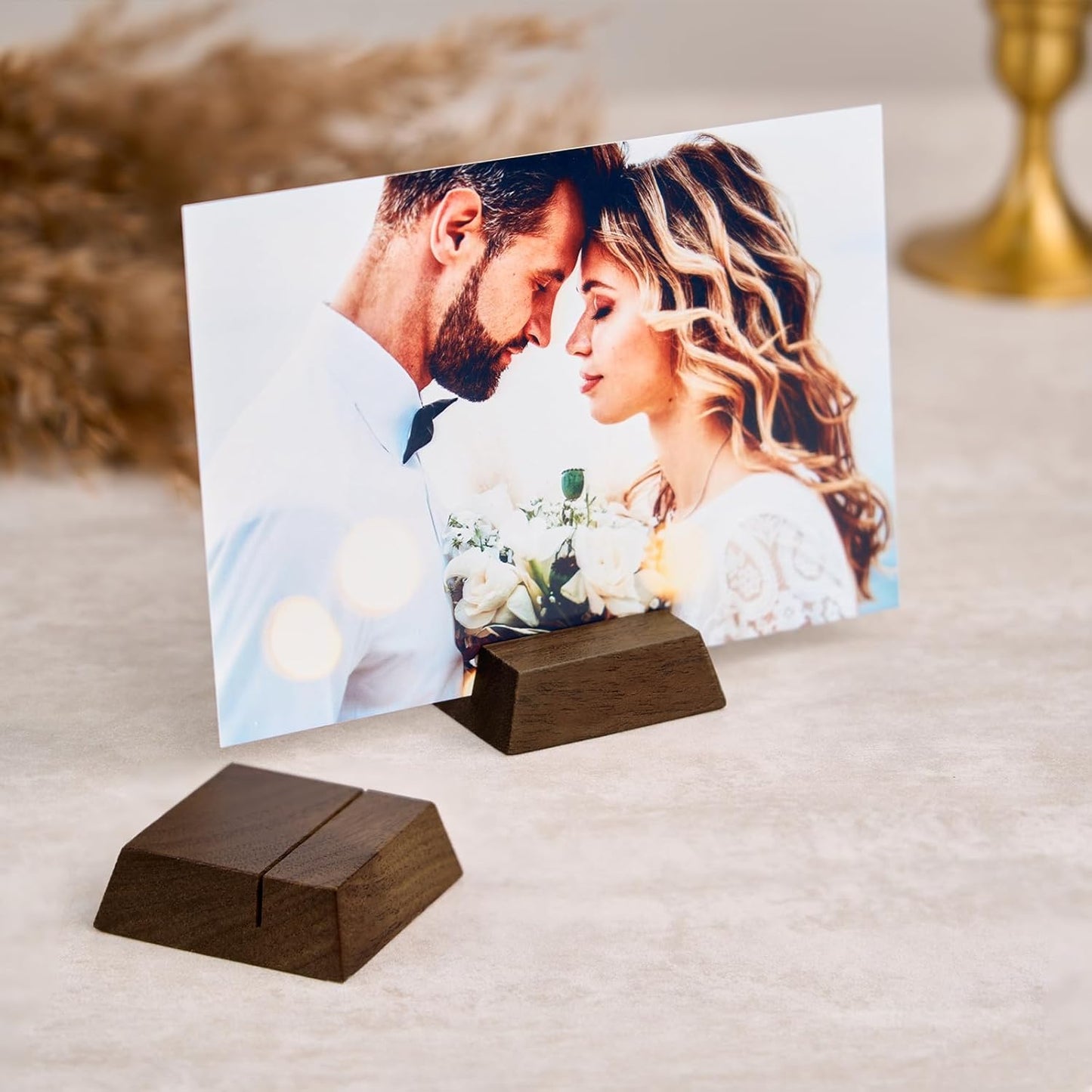 UNIQOOO 12 Pack Trapezoid Walnut Wood Stand |1.2mm Slot for Cardstock, Wedding Table Numbers Holders, Photo Holder, Photo Display Stand for Event Decor, Retail Shop, Cafe Restaurant Menu, Business Card, Name Tag