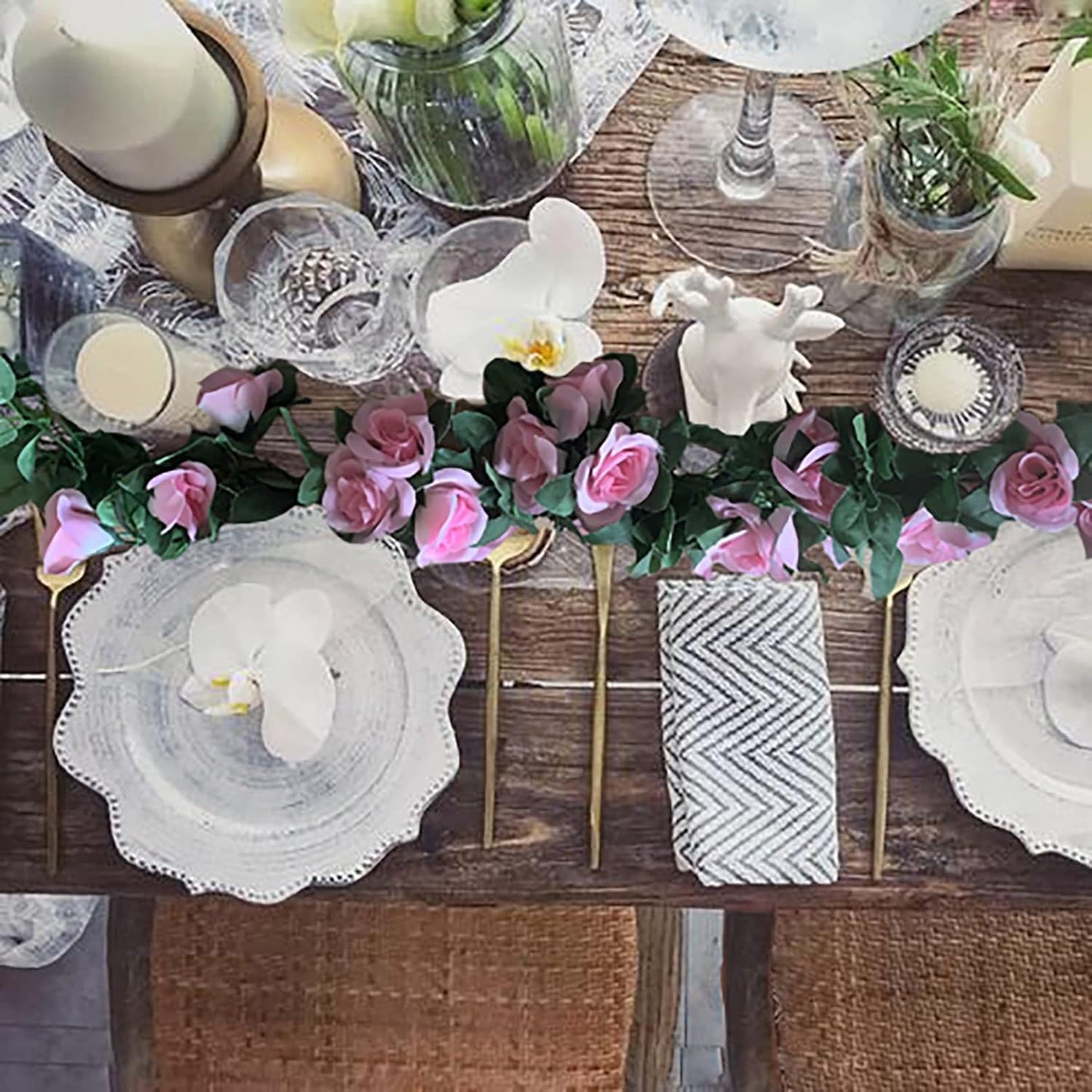 2 Pack Artificial Rose Vine Garland Fake Roses Flowers Plants Vines Hanging Floral Leaves Decoration for Wedding Party Table Garden Arch Wall Home Room Decor(Pink)