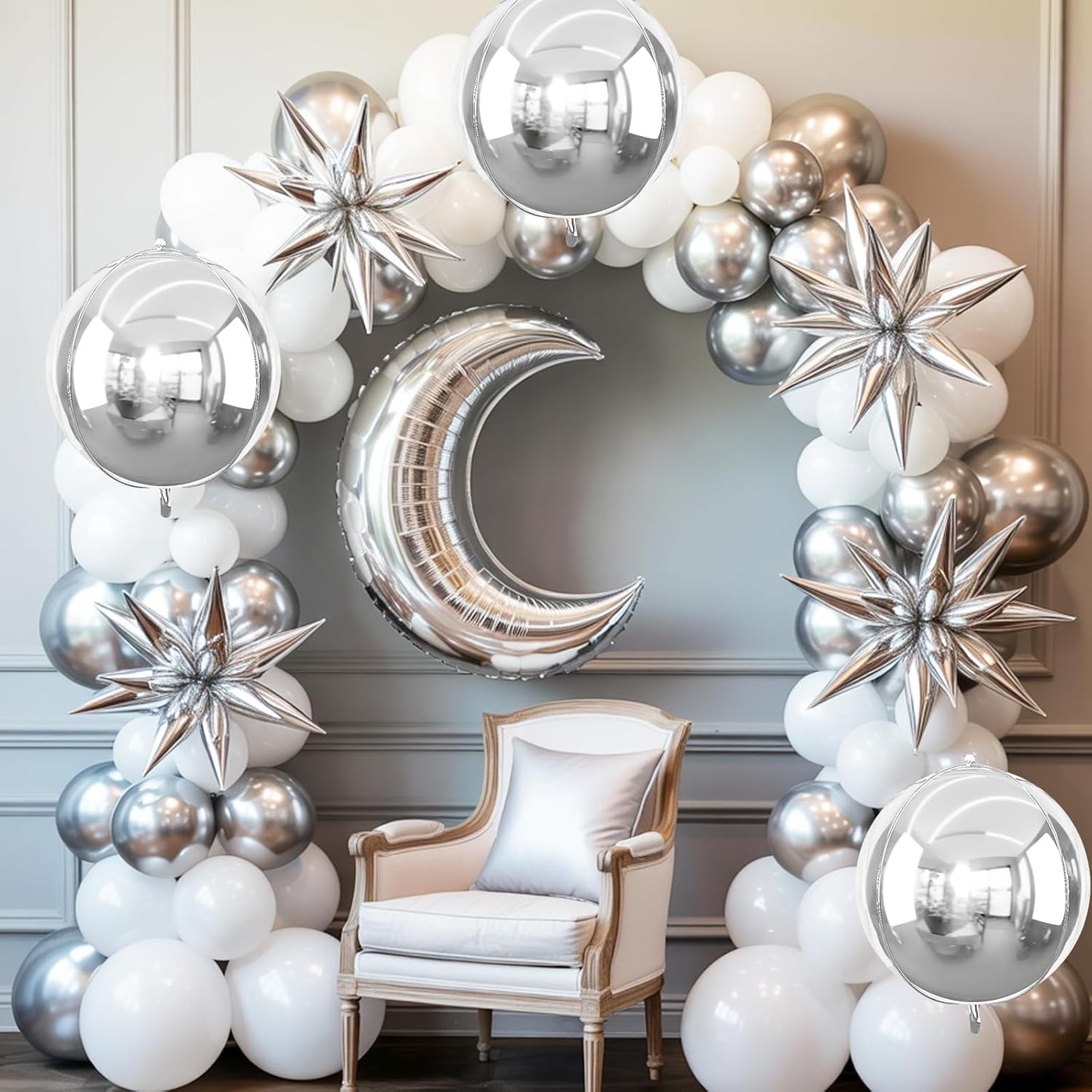 6Pcs Silver Foil Balloons,22Inch Silver 4D Round Ball Balloon and Explosion Star Balloon for Birthday Wedding Baby Shower Anniversary Graduation Decorations