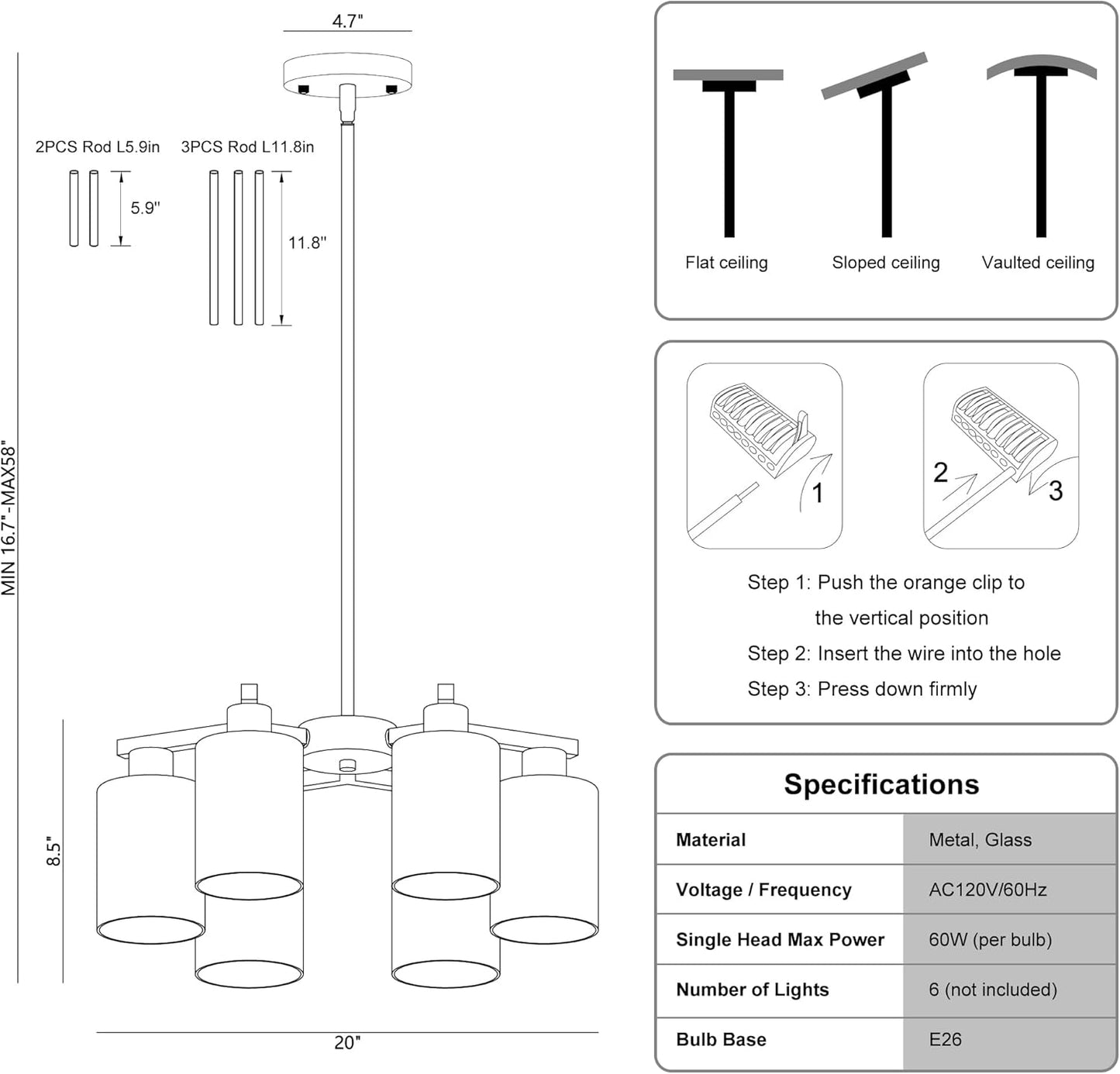6-Light Modern Farmhouse Brushed Nickel Chandelier, Dining Room Light Fixture Over Table Adjustable Height Hanging Industrial Pendant Lights Kitchen Island, Clear Glass Shade
