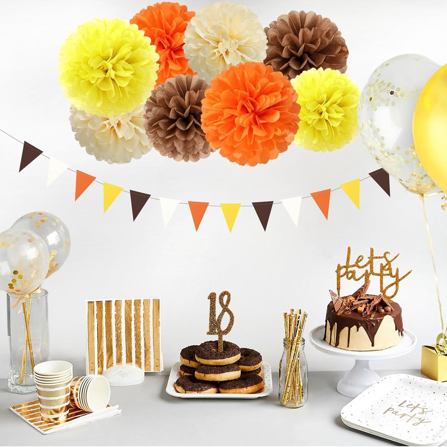 Brown-Orange Yellow Baby-Shower Party Decorations - 30pcs Fall Autumn Harvest Thanksgiving Tissue Pom Poms Streamers, Birthday Bridal Wedding Bachelorette Tassel Garland Banner Decor Ouruola