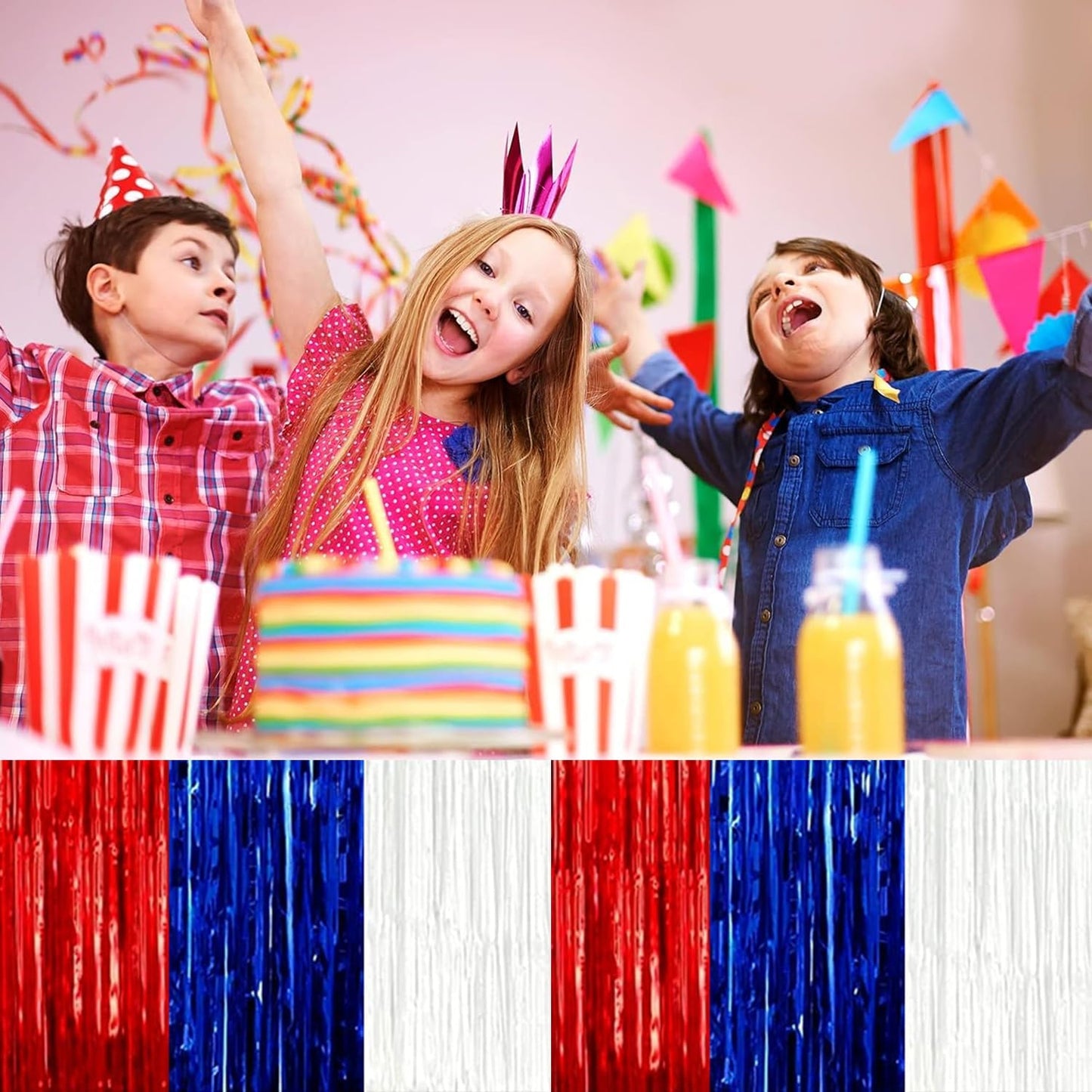 4P Metallic Foil Fringe Tinsel Table Skirts for Rectangle Tables Backdrop Banner Streamer Garland Curtains for Parade Floats Wedding Graduation Anniversary Birthday Parties Decoration(White Blue Red)