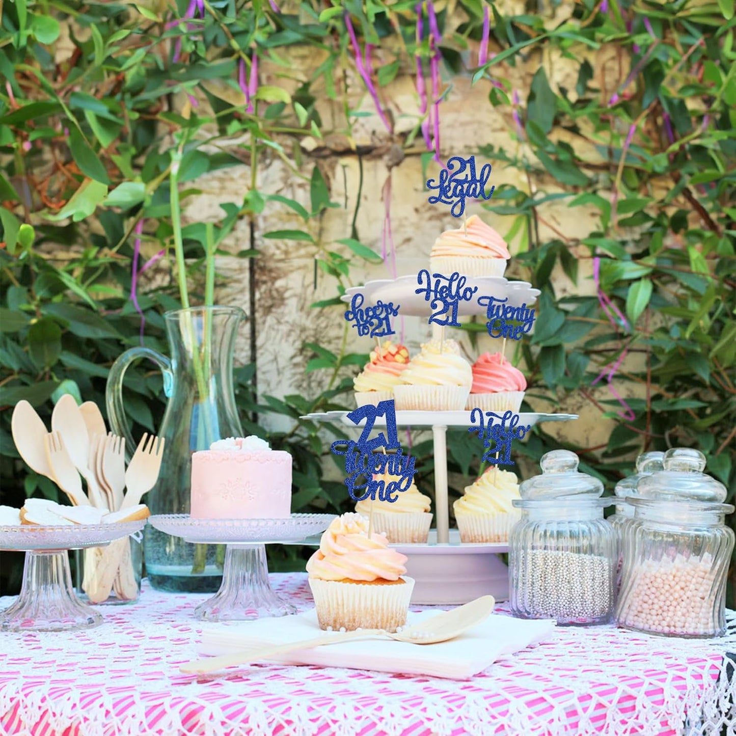 30pcs 21st Birthday Cupcake Toppers - Legal 21st Cupcake Picks - Cheers to 21 Years Old Cake Decorations - Deep Blue Glitter