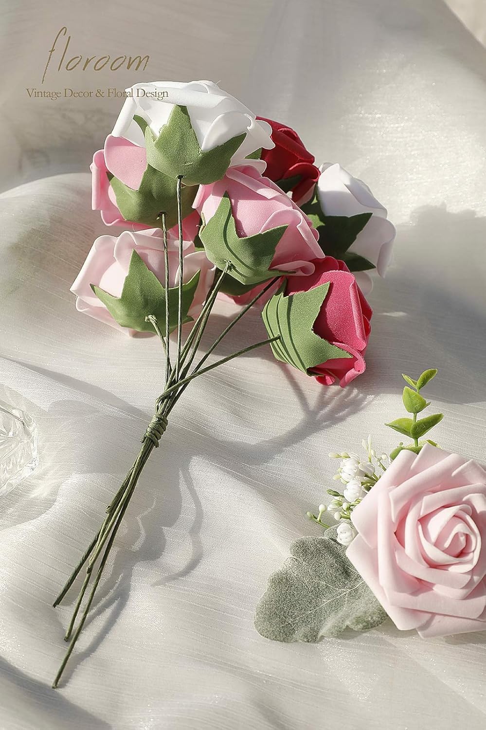 Floroom Artificial Flowers 25pcs Real Looking Blush Pink Ombre Colors Foam Fake Roses with Stems for DIY Wedding Bouquets Bridal Shower Centerpieces Floral Arrangements Party Tables Home Decorations