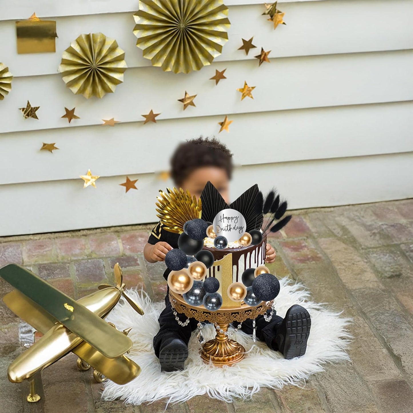 Ephlyn 33 Pack Balls Cake Toppers Boho Palm Leaves Cake Decorations Round Acrylic Happy Birthday Cupcake Toppers for Birthday Wedding Baby Shower Party Supplies Black Gold