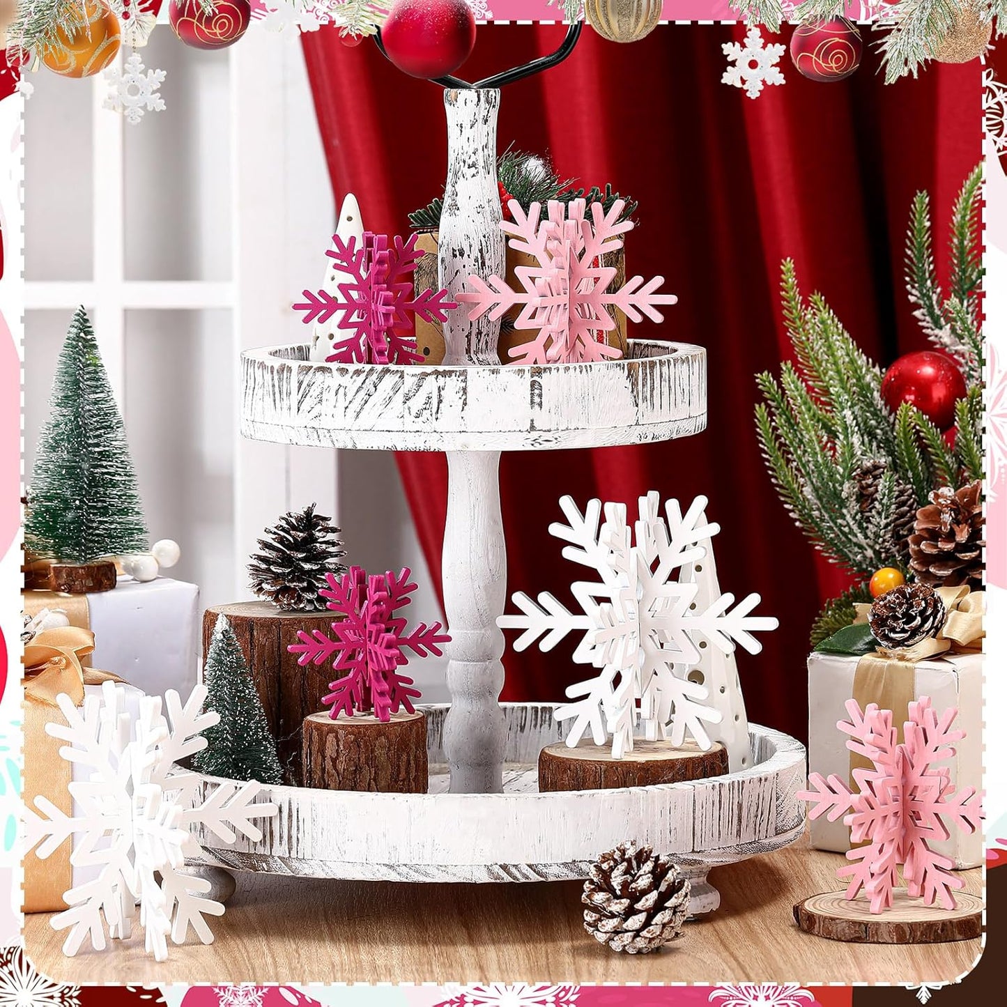 Bucherry 12 Pcs Wooden Snowflake Table Decor 3D Snowflake Tabletop Signs and Centerpiece for Christmas Xmas Winter Wonderland Decorations Home Party(White, Pink, Rose Red)