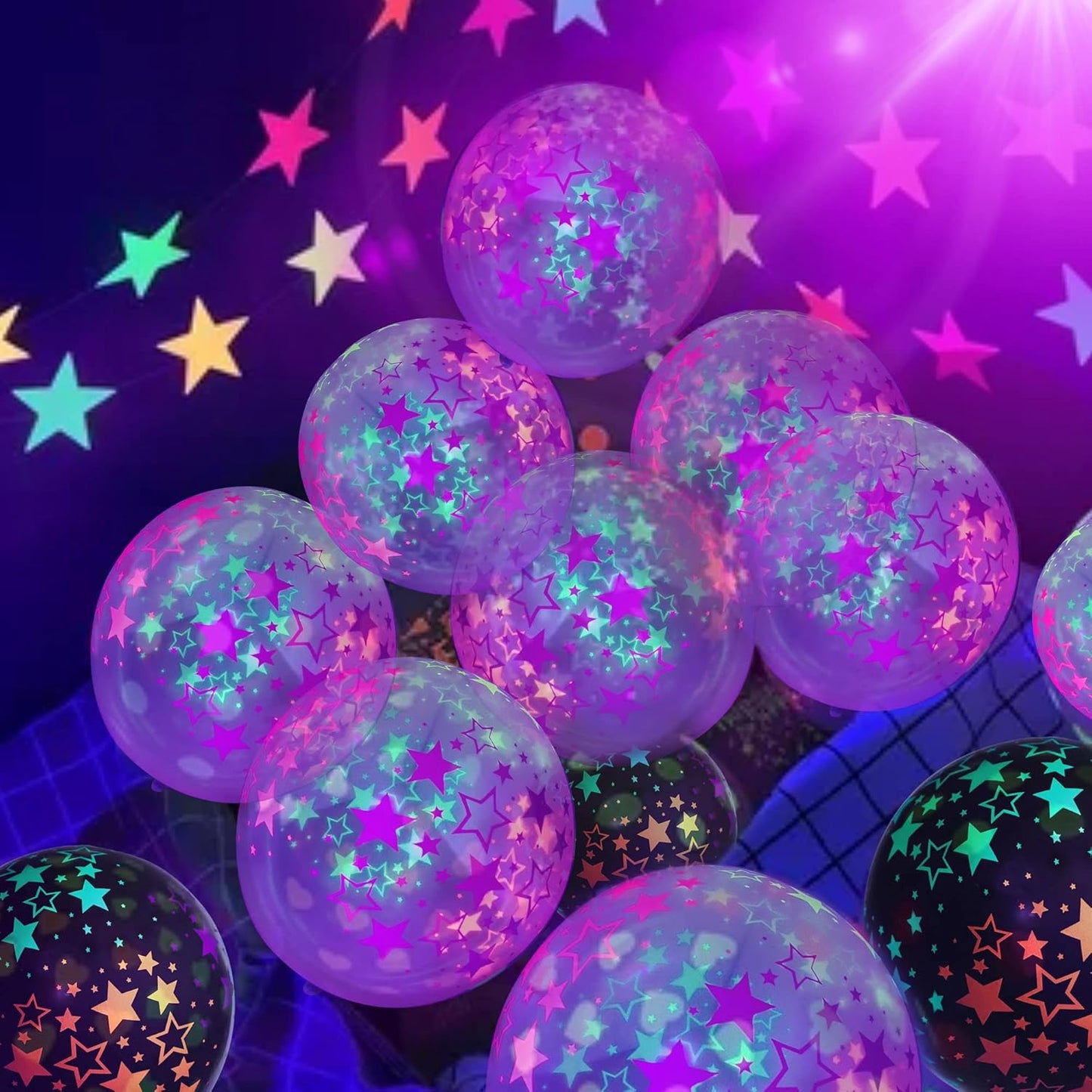 90 Pcs UV Neon Balloons ,Neon Stars Glow Party Black Light in the dark for Birthday Decorations Wedding Supplies Blacklight Carnival Reactive Fluorescent
