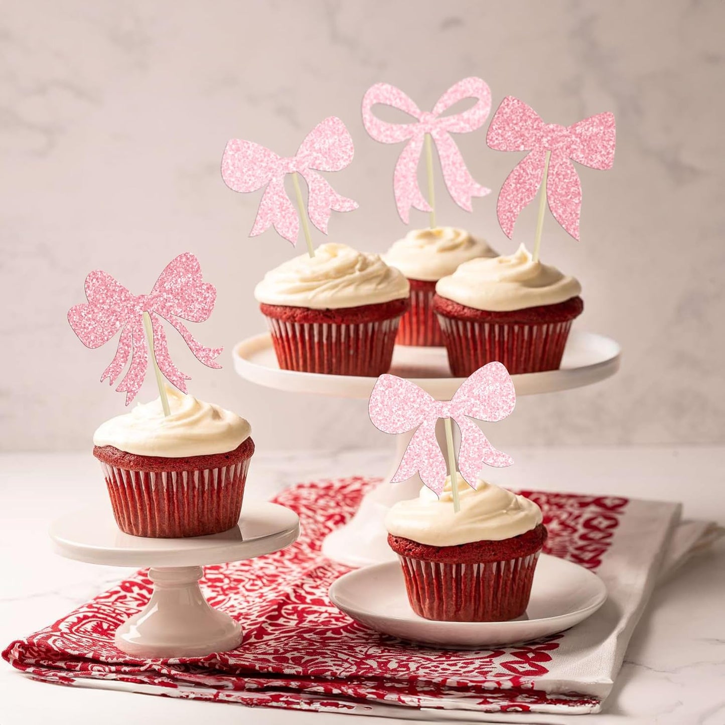 Gyufise 36Pcs Bow Cupcake Toppers Glitter Bowknot Cupcake Picks Bow Tie Birthday Decorations Princess Bow Cupcake Decorations for Bowknot Theme Baby Shower Birthday Party Supplies Multi Pink