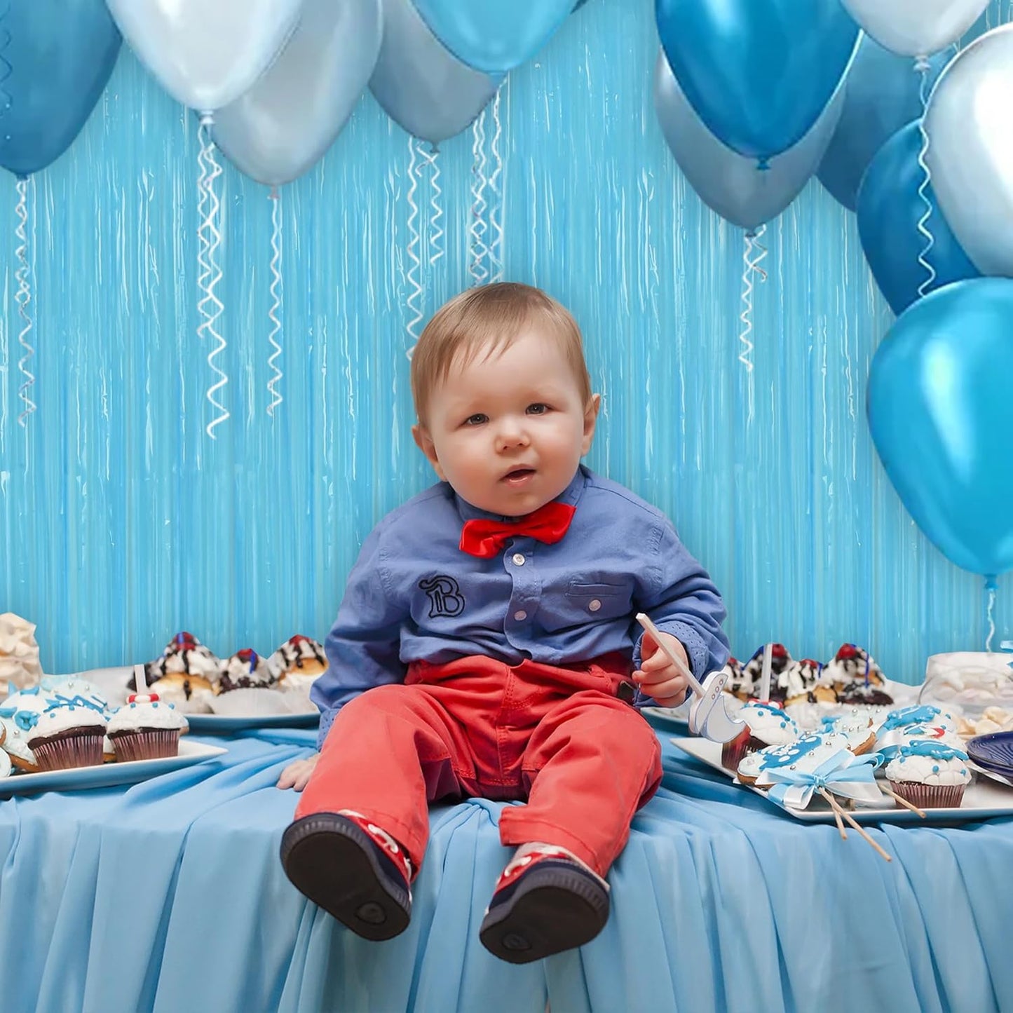 BEISHIDA 2Pcs Light Blue Door Streamer Fluorescent Blue Backdrop Blue Foil Fringe Curtains Tinsel for Birthday Baby Shower Backdrop Wedding Party Decoration (3.28 ft x 6.56 ft)