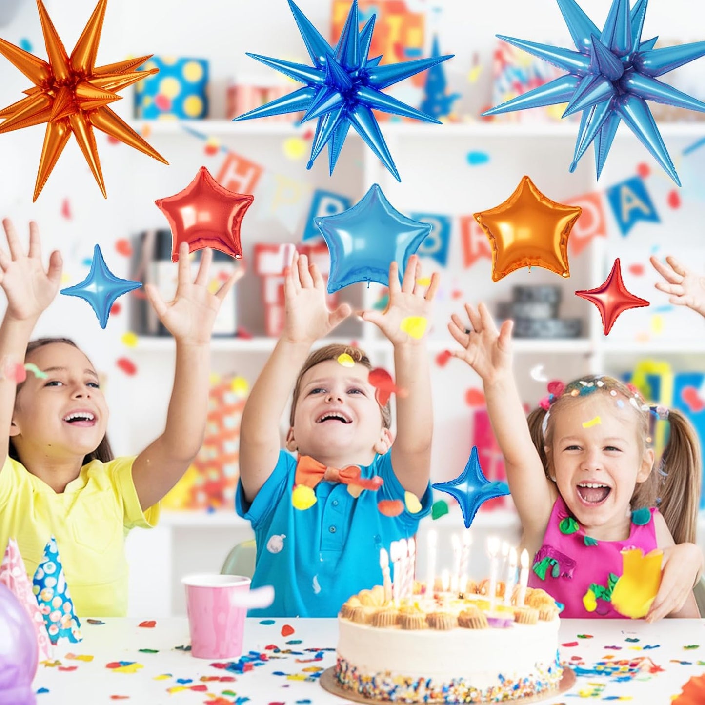 16 Pcs Orange and Blue Star Balloons, 22/18/10 Inch Foil Balloons, Four-Pointed Balloon for Kids Girl Boy Birthday Wedding Baby Shower Magic Party Decorations