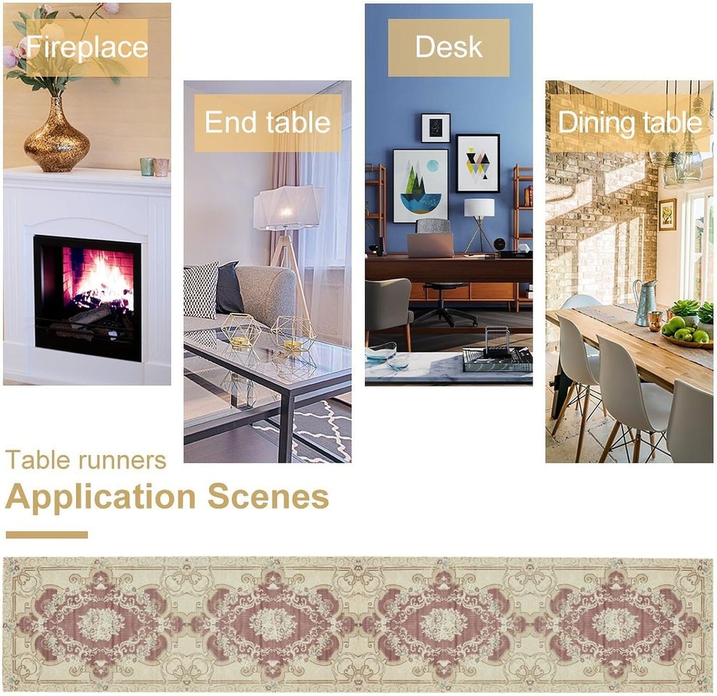 Boho Bohemia Table Runner, Vintage Blue Gold Retro Flower Rustic Country Floral Printed Pattern for Home Kitchen Table Decor Dining Coffee Room Garden Party Wedding Decor 13x120in