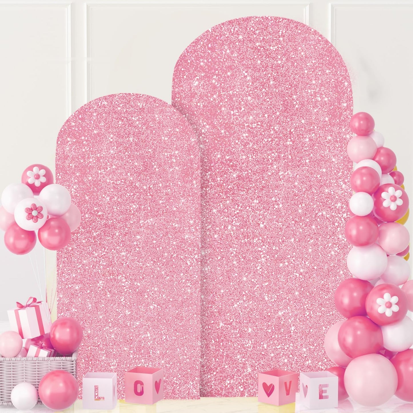 MODFUNS Arch Backdrop Stand and Cover 6&7.2ft Pink Gold Sequins Arch Cover Set of 2 Metal Arch Stand with Covers Double Sided Sparkle Backdrop Stands for Wedding Party Birthday Decor